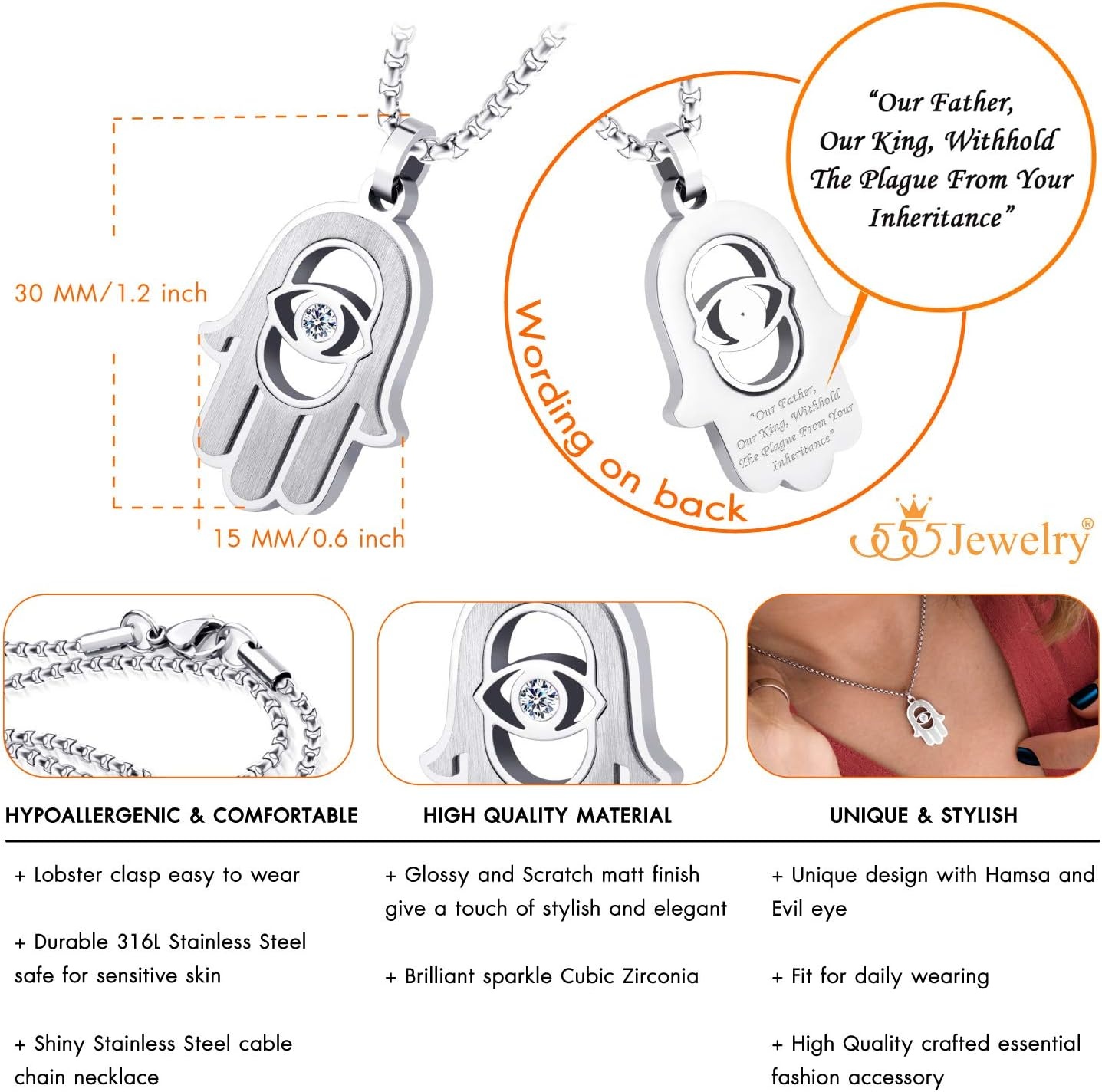 image:image555Jewelry Stainless Steel Hamsa Necklace Hand of Fatima Evil Eye CZ Pendant 1620 ChainSilver White CZ