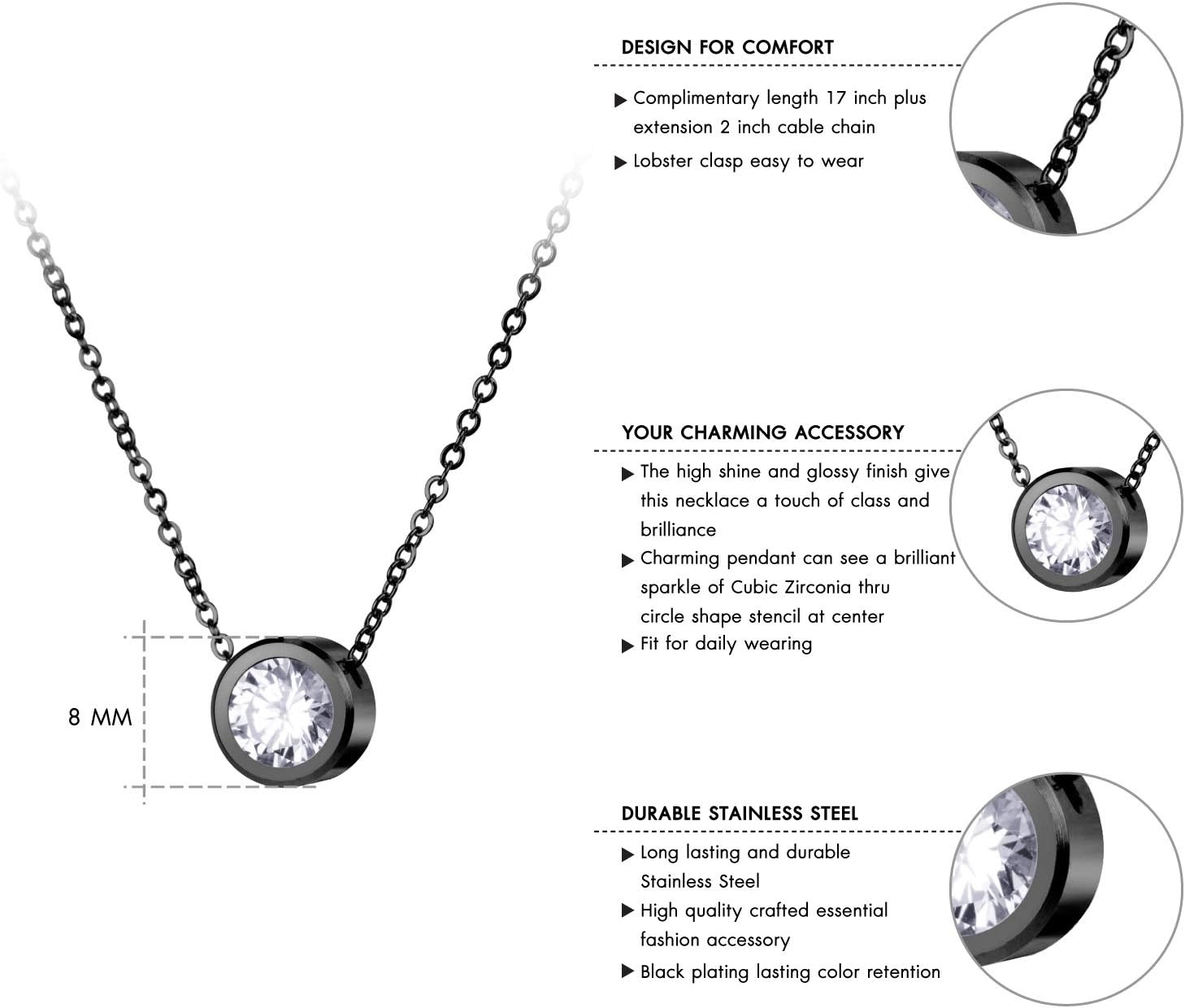 image:image555Jewelry Stainless Steel Round CZ Solitaire Sparkly Bezel Pendant NecklaceBlack