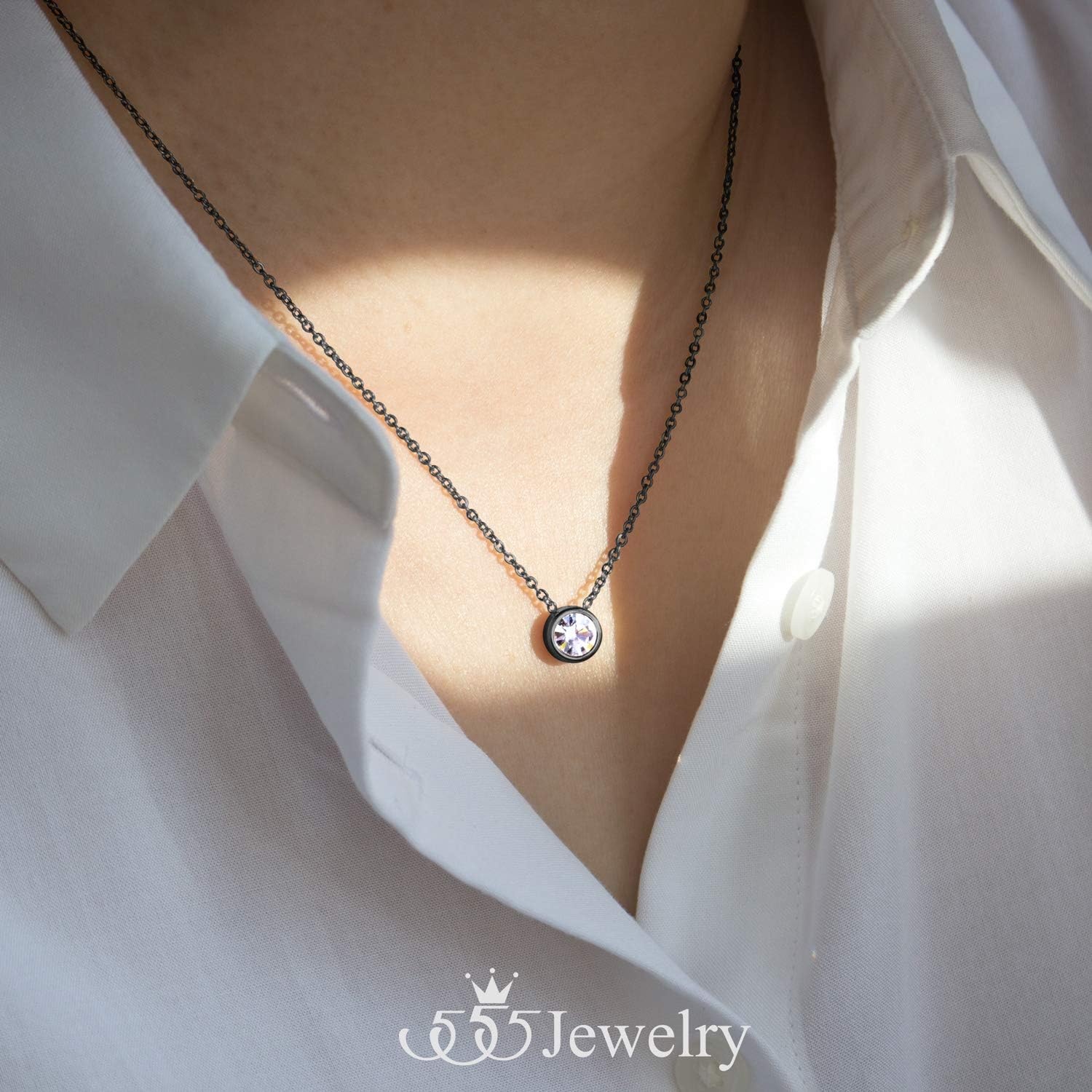 image:image555Jewelry Stainless Steel Round CZ Solitaire Sparkly Bezel Pendant NecklaceBlack