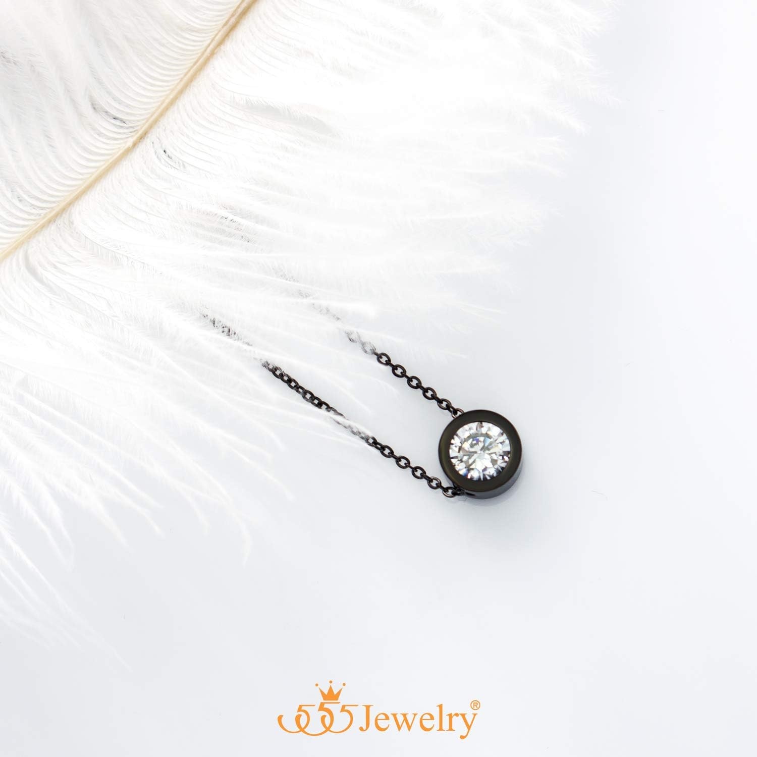image:image555Jewelry Stainless Steel Round CZ Solitaire Sparkly Bezel Pendant NecklaceBlack