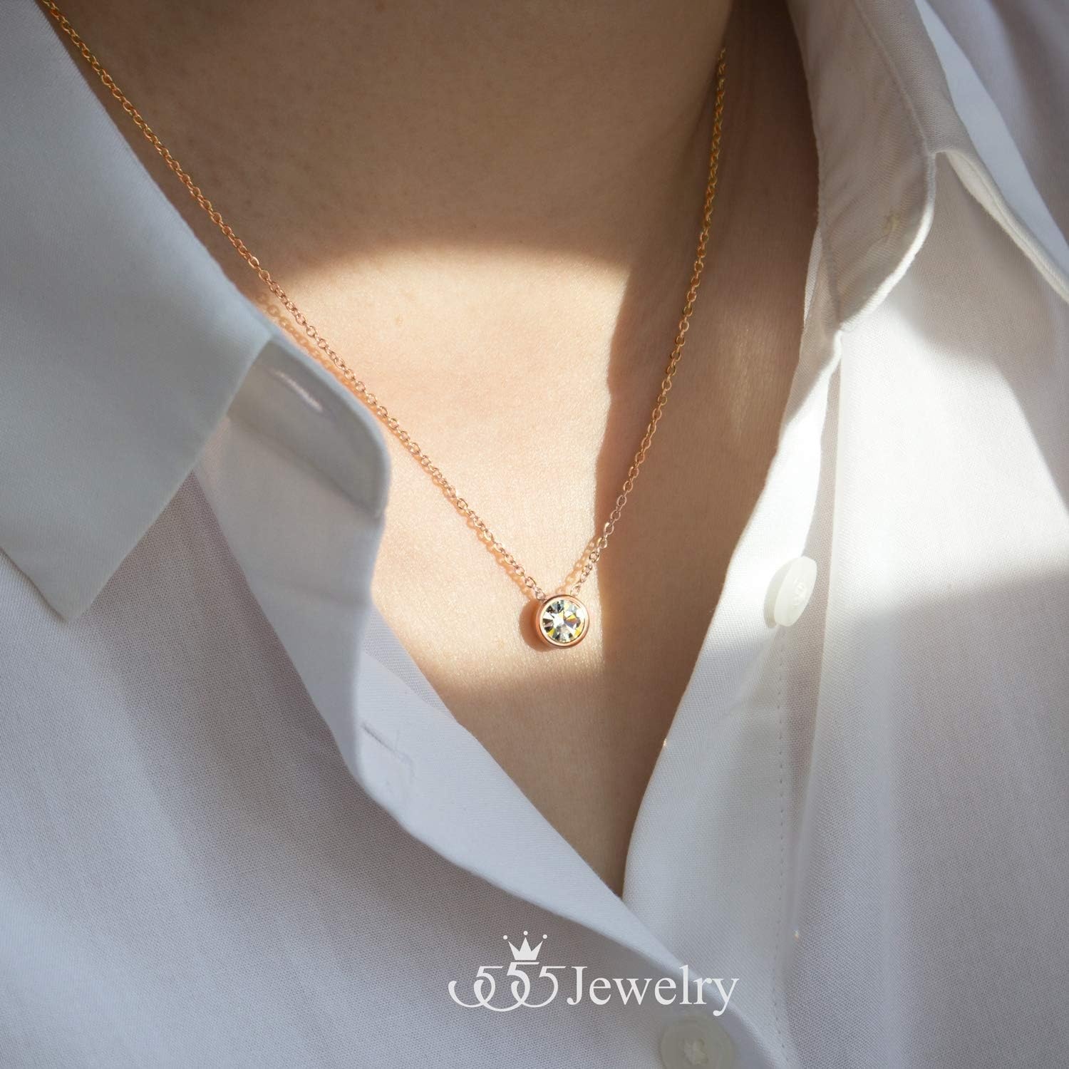 image:image555Jewelry Stainless Steel Round CZ Solitaire Sparkly Bezel Pendant NecklacePink Rose Gold