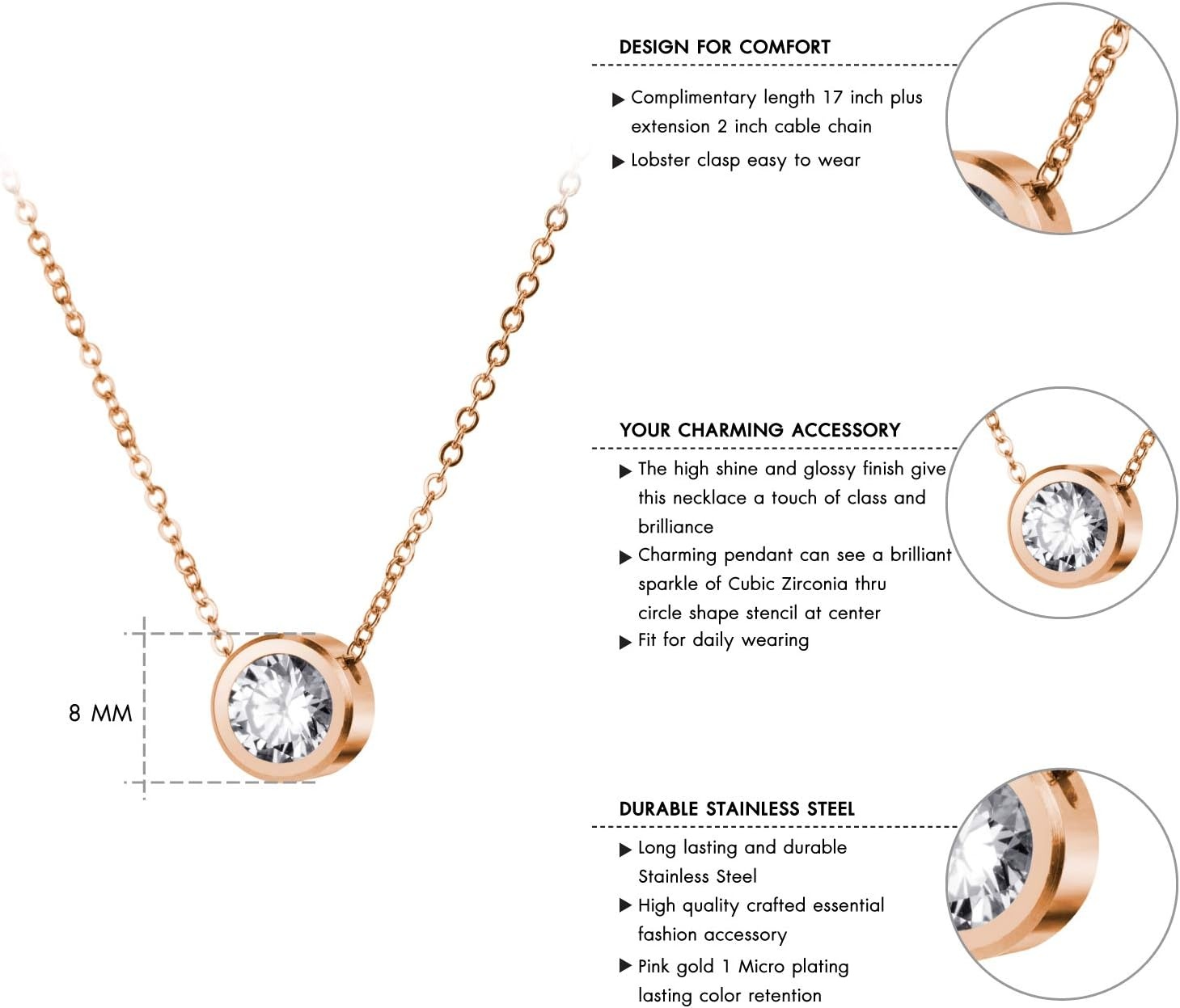 image:image555Jewelry Stainless Steel Round CZ Solitaire Sparkly Bezel Pendant NecklacePink Rose Gold