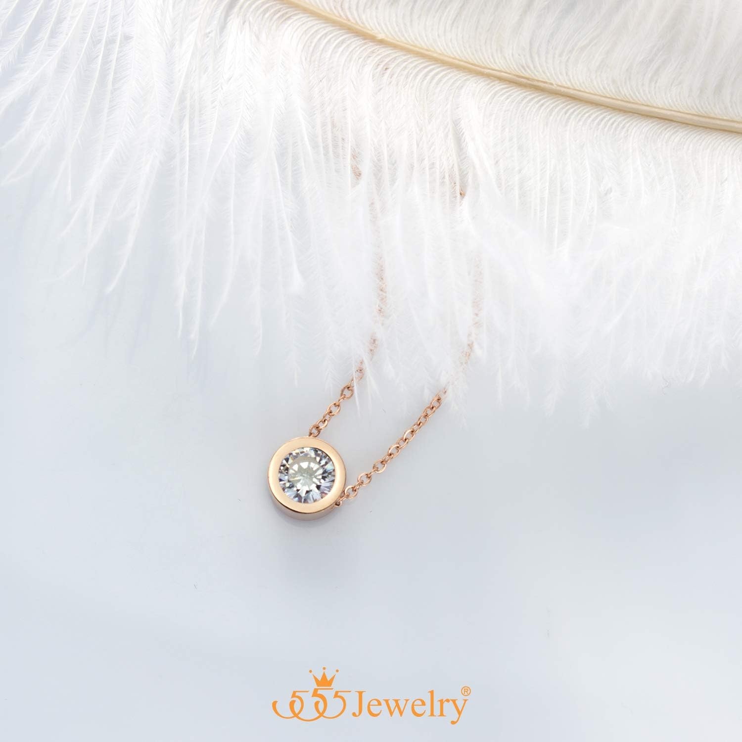 image:image555Jewelry Stainless Steel Round CZ Solitaire Sparkly Bezel Pendant NecklacePink Rose Gold