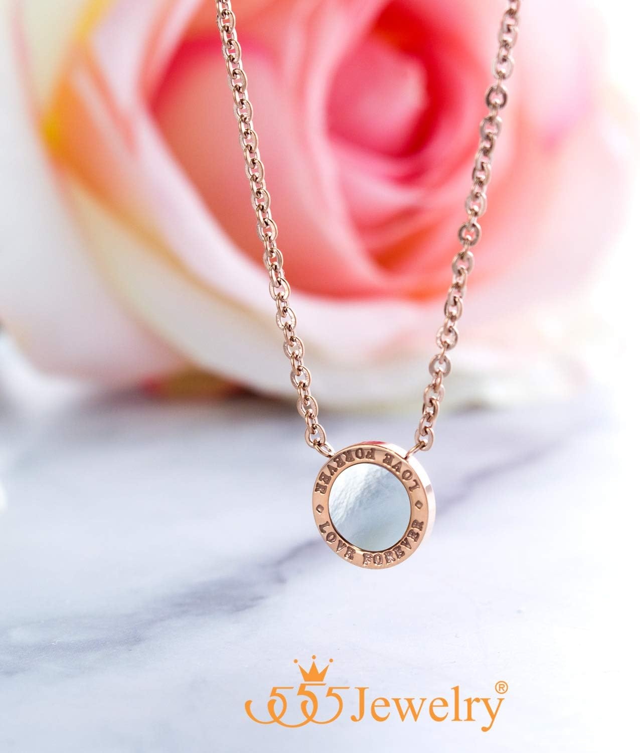 image:image555Jewelry Stainless Steel Round CZ Solitaire Sparkly Bezel Pendant NecklaceRose Gold Love Forever