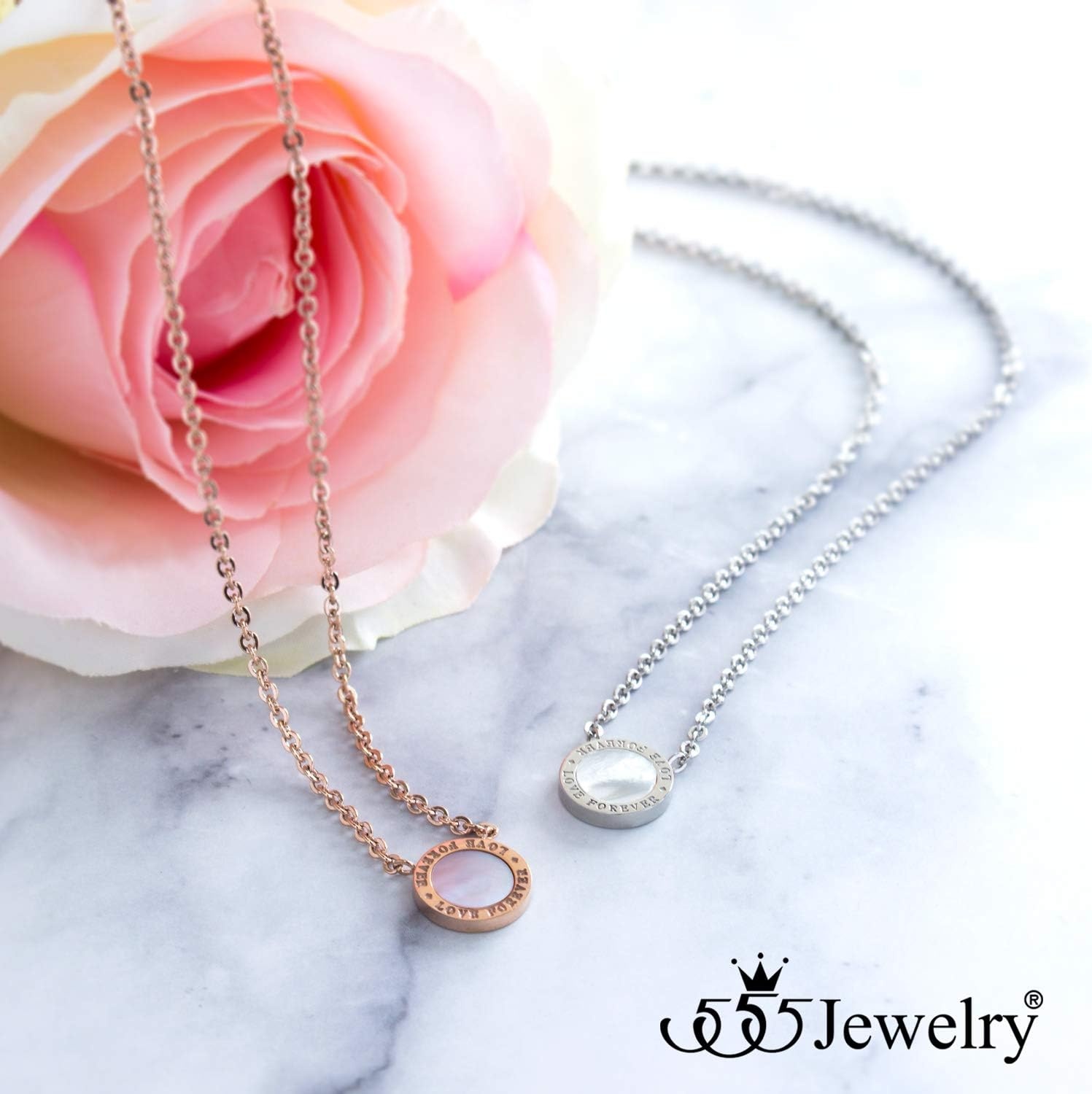 image:image555Jewelry Stainless Steel Round CZ Solitaire Sparkly Bezel Pendant NecklaceRose Gold Love Forever