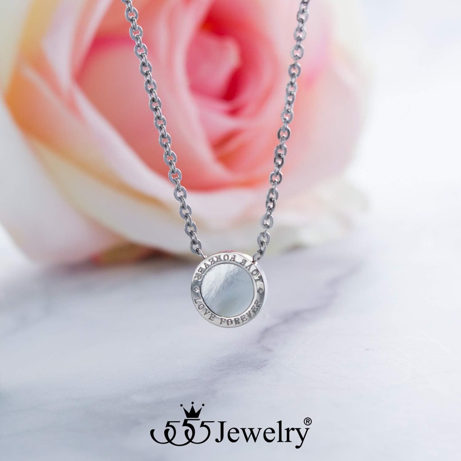 image:image555Jewelry Stainless Steel Round CZ Solitaire Sparkly Bezel Pendant NecklaceSilver Love Forever
