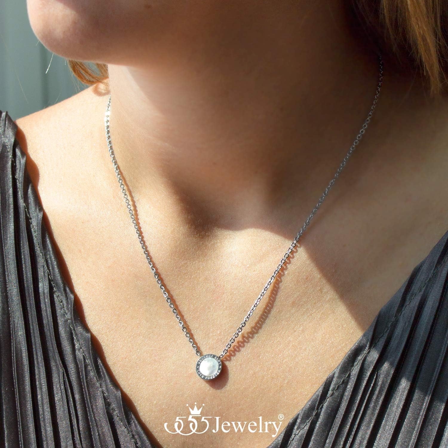 image:image555Jewelry Stainless Steel Round CZ Solitaire Sparkly Bezel Pendant NecklaceSilver Love Forever