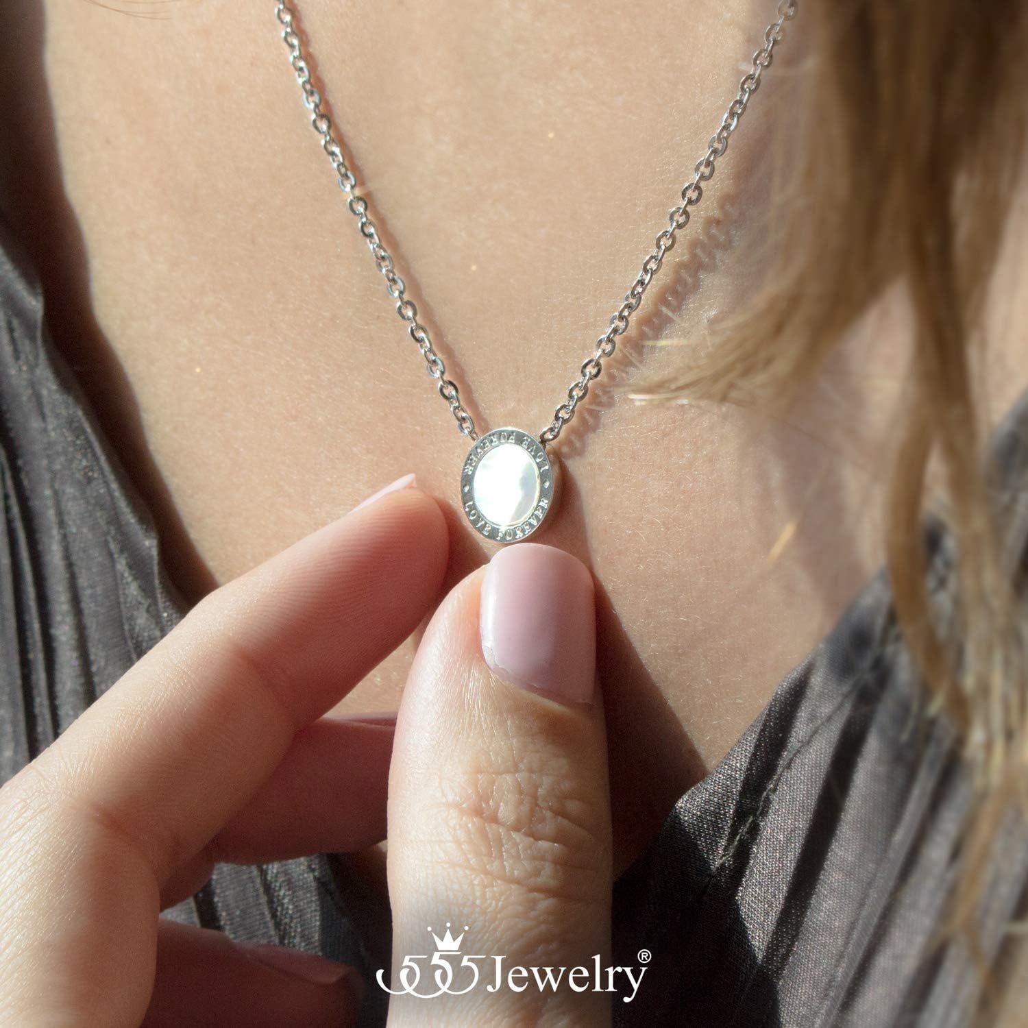 image:image555Jewelry Stainless Steel Round CZ Solitaire Sparkly Bezel Pendant NecklaceSilver Love Forever