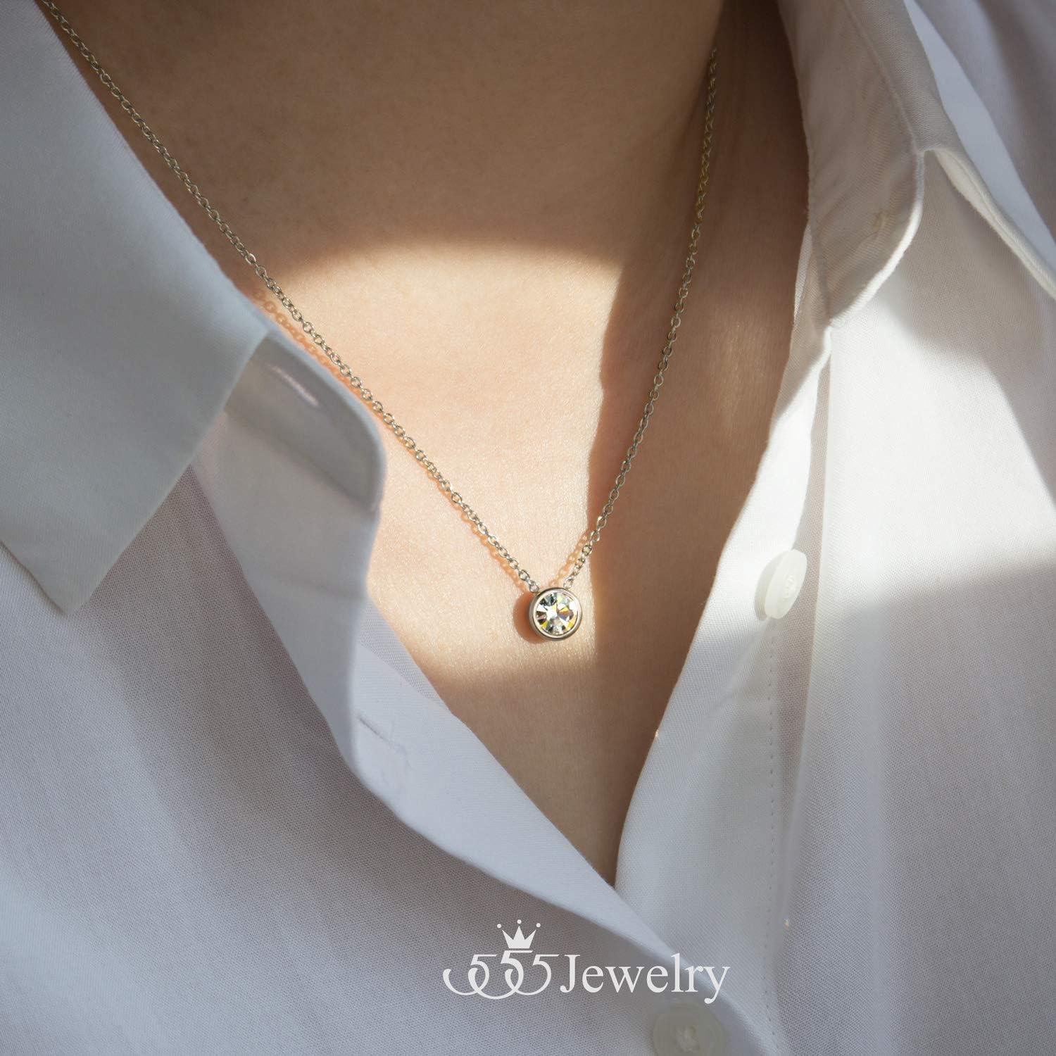image:image555Jewelry Stainless Steel Round CZ Solitaire Sparkly Bezel Pendant NecklaceSilver