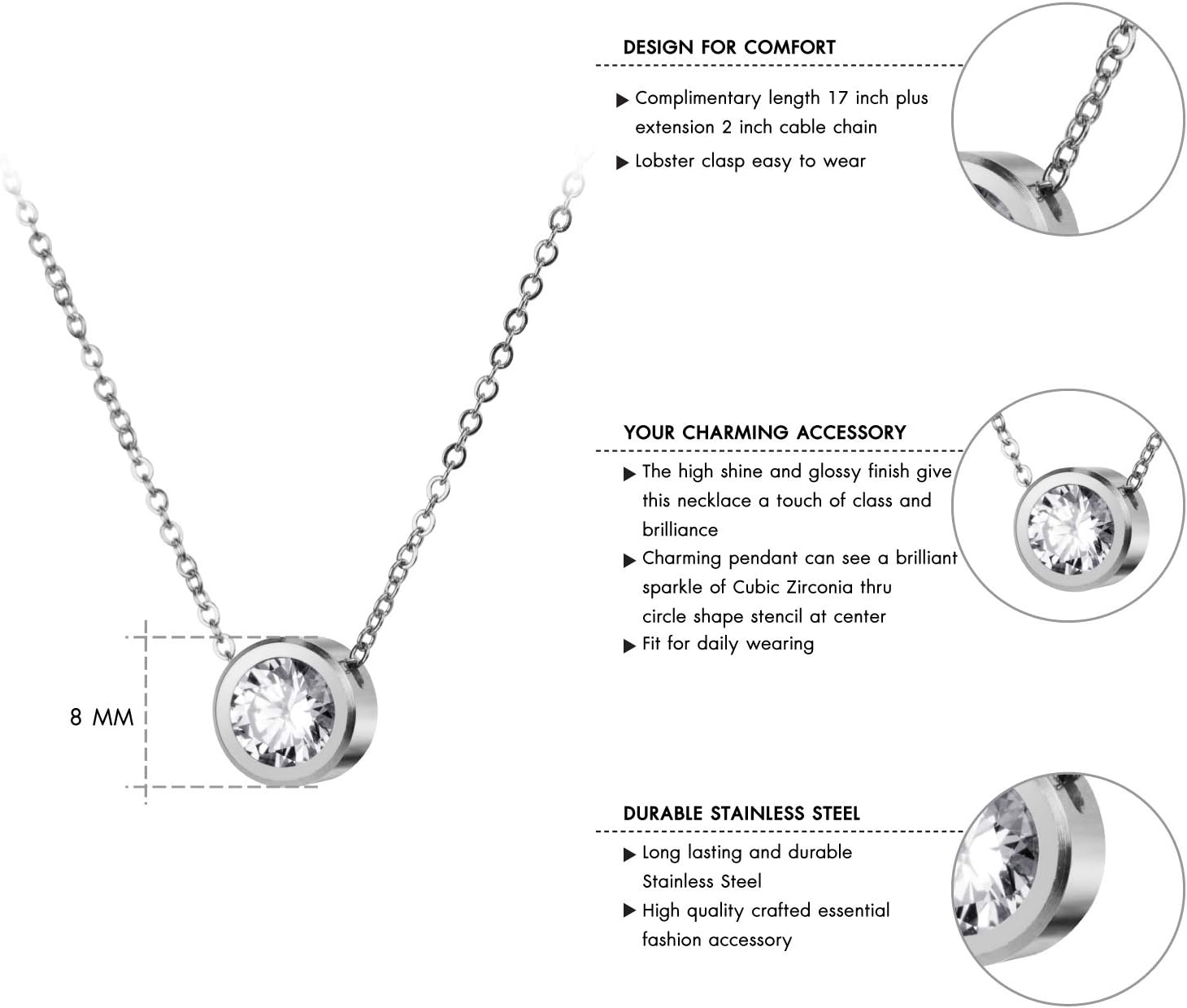 image:image555Jewelry Stainless Steel Round CZ Solitaire Sparkly Bezel Pendant NecklaceSilver