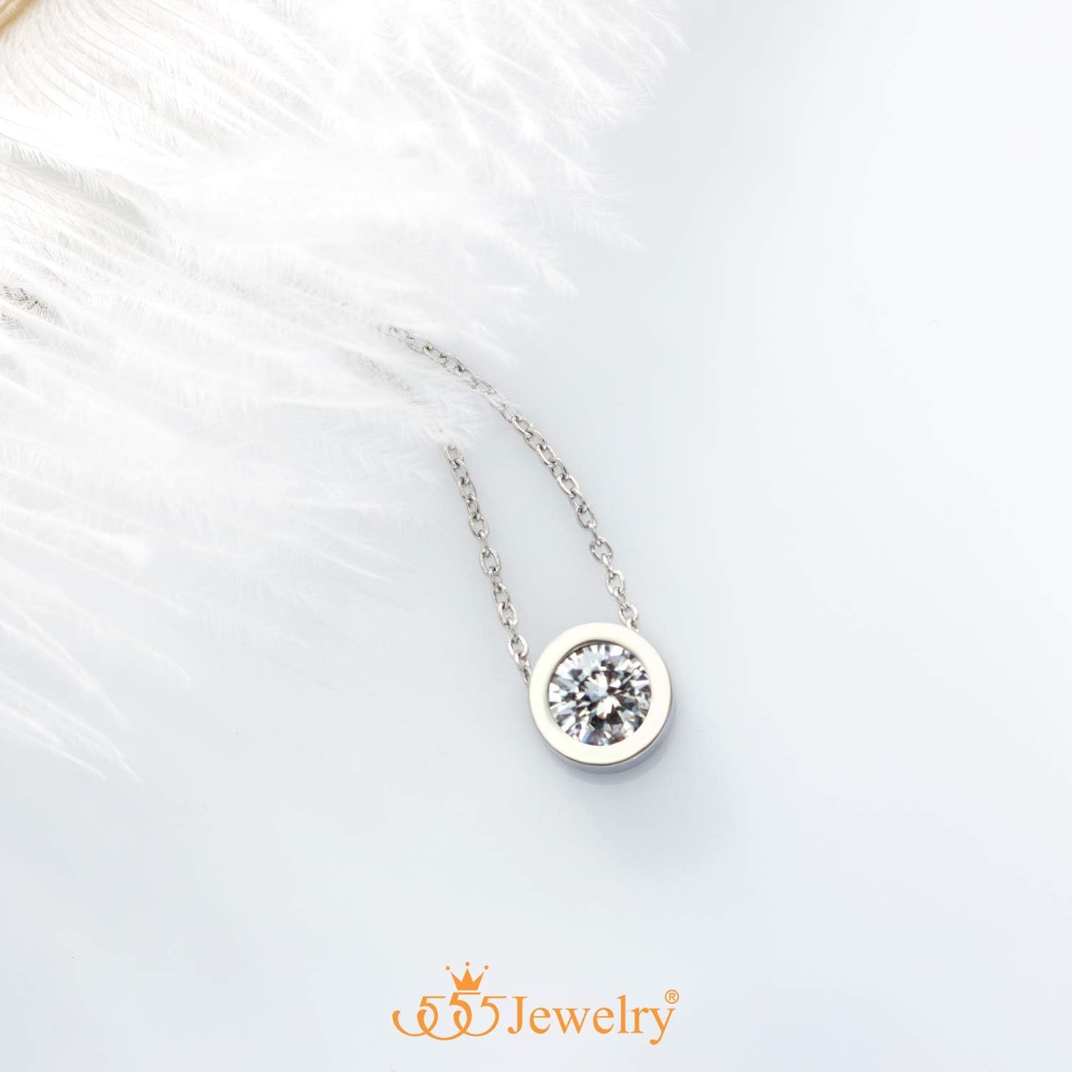 image:image555Jewelry Stainless Steel Round CZ Solitaire Sparkly Bezel Pendant NecklaceSilver