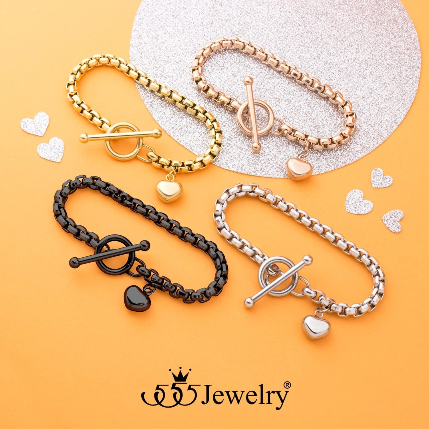 image:image555Jewelry Stainless Steel Toggle Box Link Chain Heart Charm Bracelet for Women amp GirlsSilver