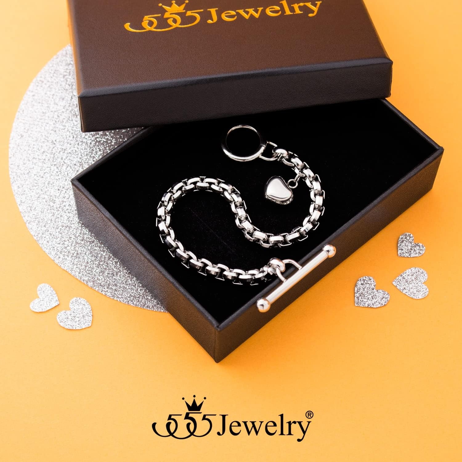 image:image555Jewelry Stainless Steel Toggle Box Link Chain Heart Charm Bracelet for Women amp GirlsSilver