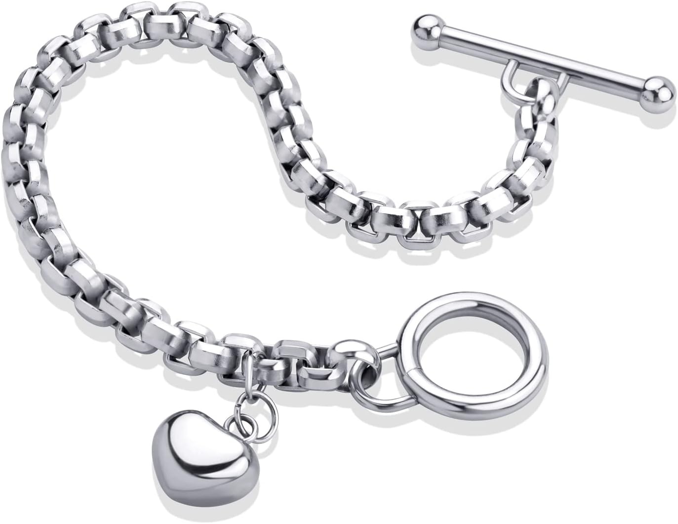 image:image555Jewelry Stainless Steel Toggle Box Link Chain Heart Charm Bracelet for Women amp GirlsSilver