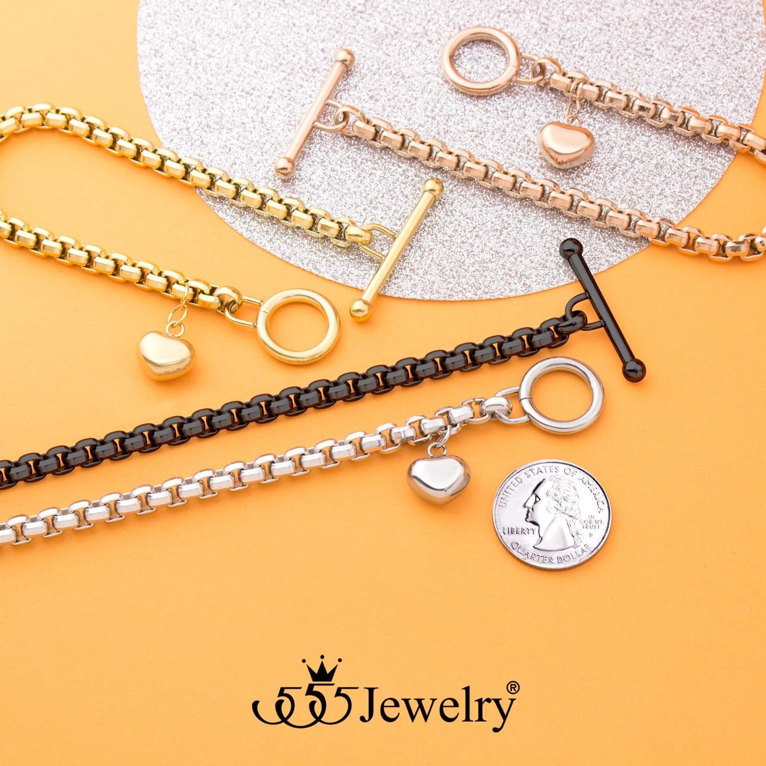 image:image555Jewelry Stainless Steel Toggle Box Link Chain Heart Charm Bracelet for Women amp GirlsSilver