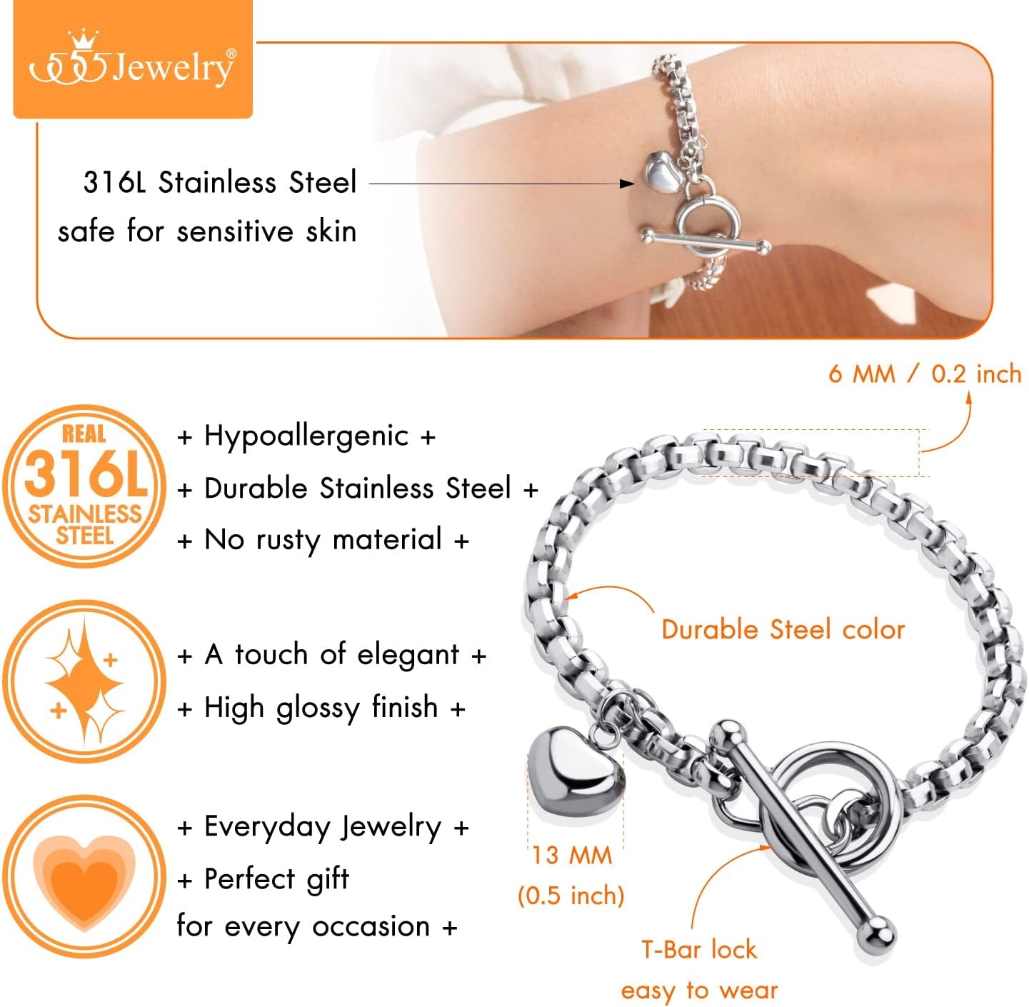 image:image555Jewelry Stainless Steel Toggle Box Link Chain Heart Charm Bracelet for Women amp GirlsSilver
