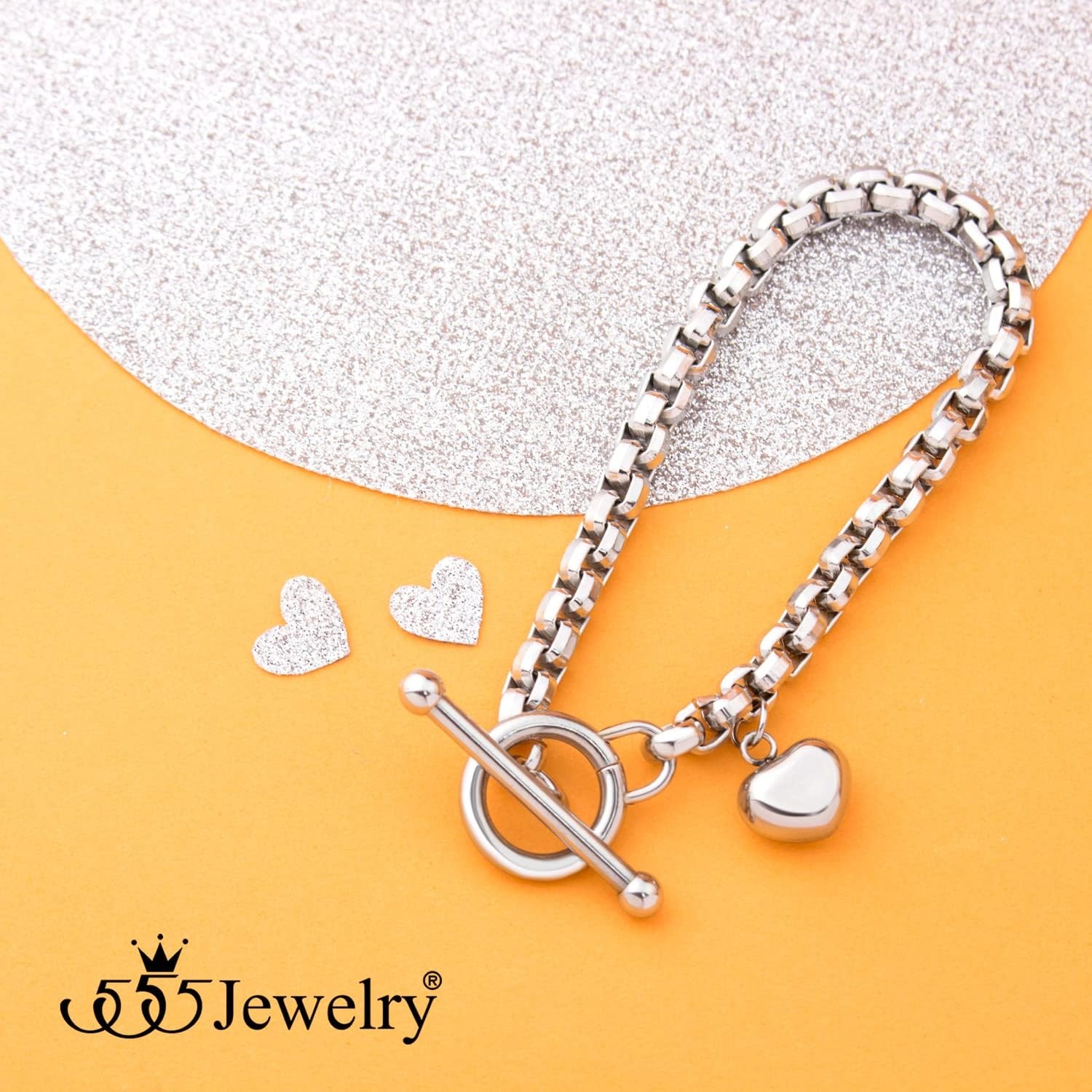 image:image555Jewelry Stainless Steel Toggle Box Link Chain Heart Charm Bracelet for Women amp GirlsSilver