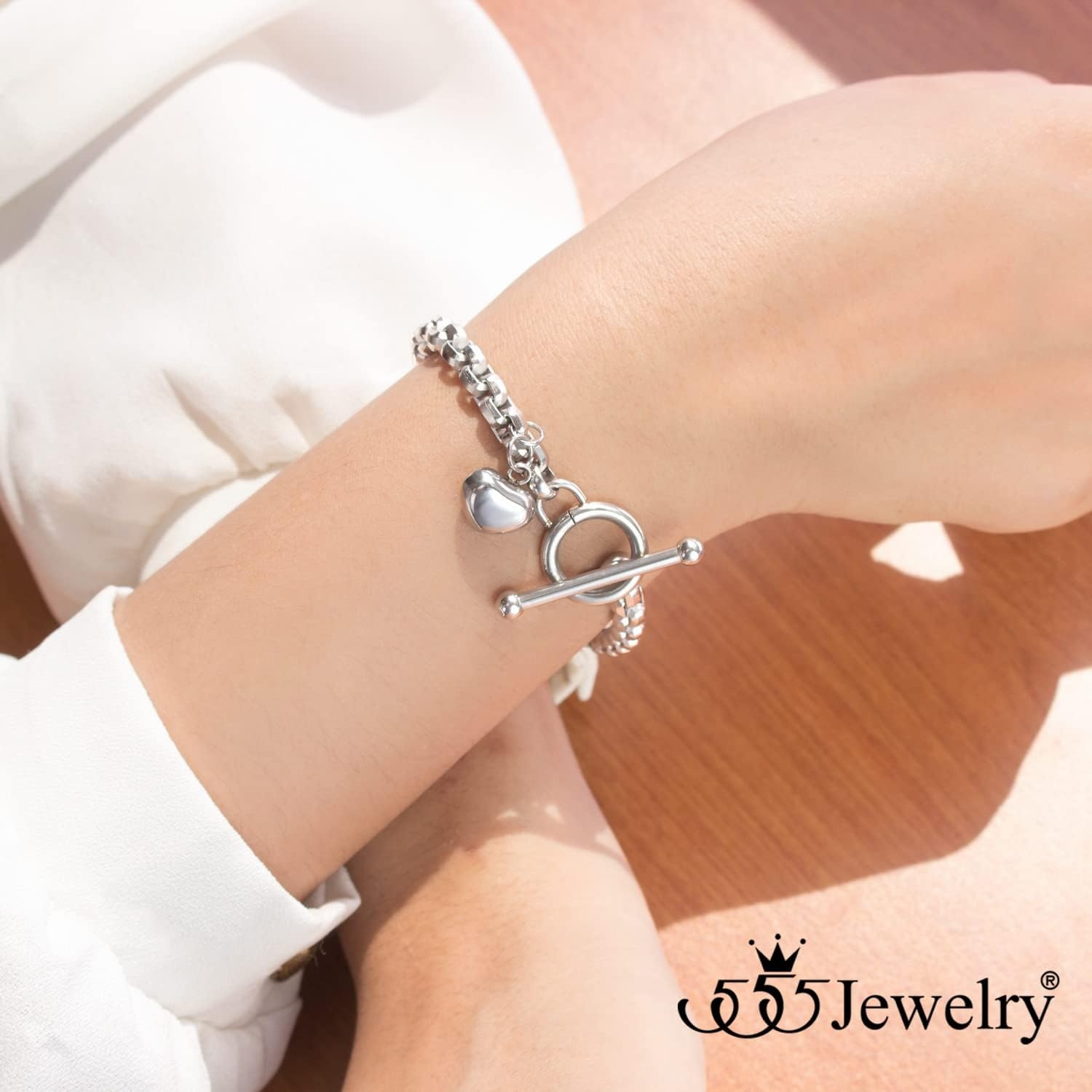 image:image555Jewelry Stainless Steel Toggle Box Link Chain Heart Charm Bracelet for Women amp GirlsSilver