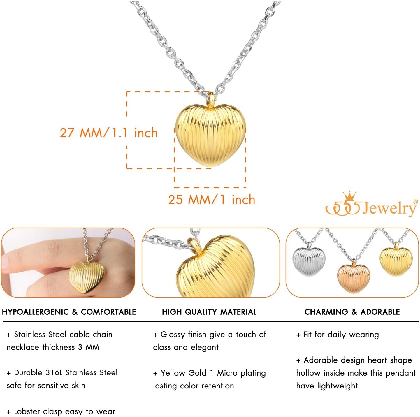 image:image555Jewelry Stainless Steel Vintage 3D Puffed Heart Necklace for Women amp LadiesGold