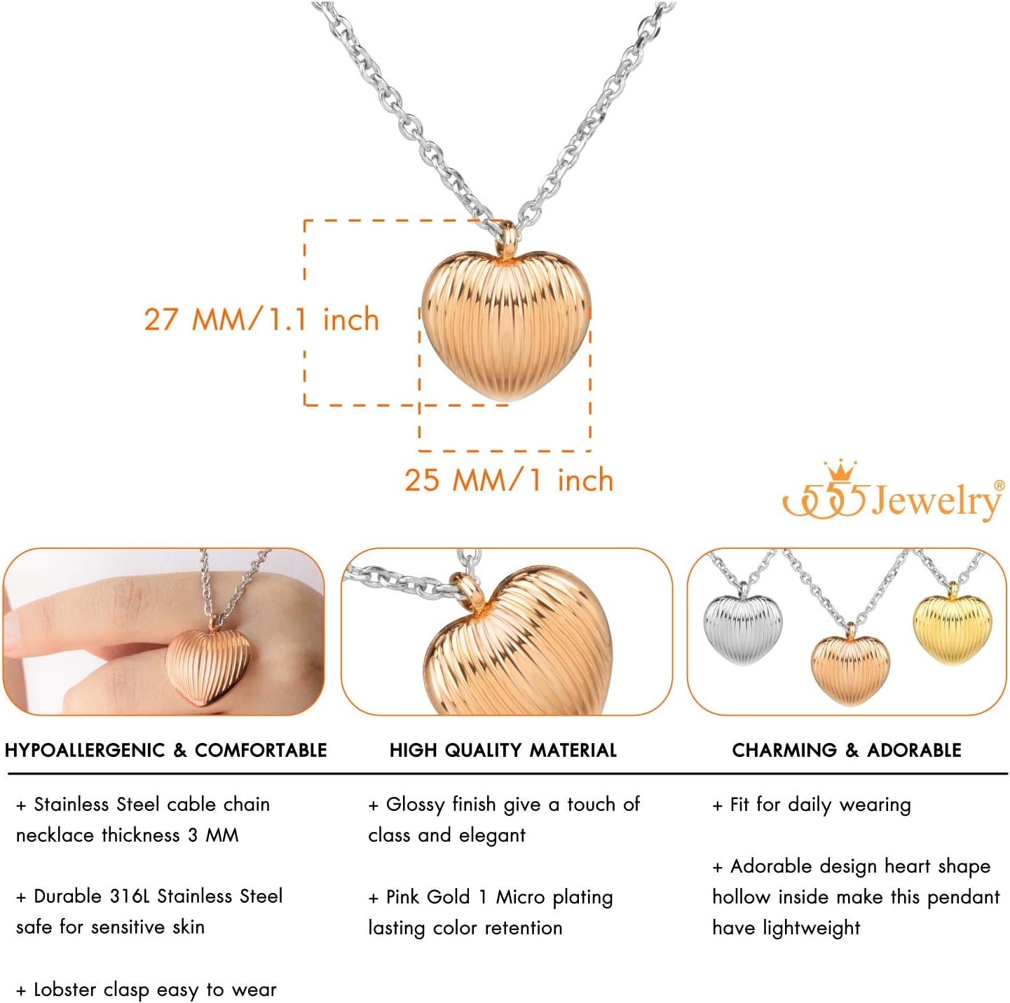 image:image555Jewelry Stainless Steel Vintage 3D Puffed Heart Necklace for Women amp LadiesRose Gold