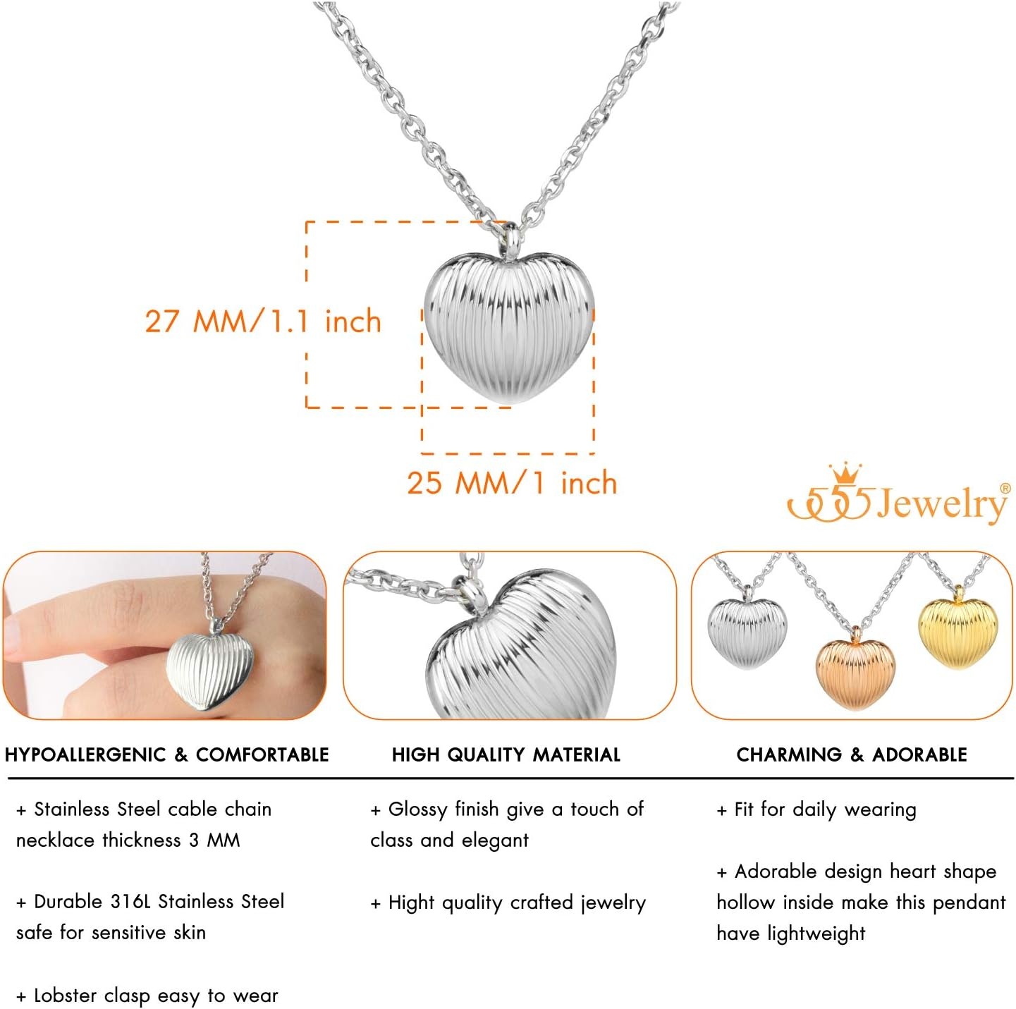 image:image555Jewelry Stainless Steel Vintage 3D Puffed Heart Necklace for Women amp LadiesSilver