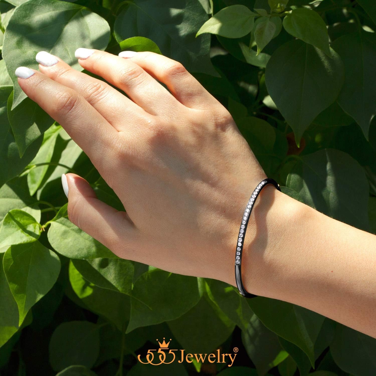 image:image555Jewelry Stainless Steel amp CZ Hinged Oval Cuff Bangle Bracelet for WomenBlack
