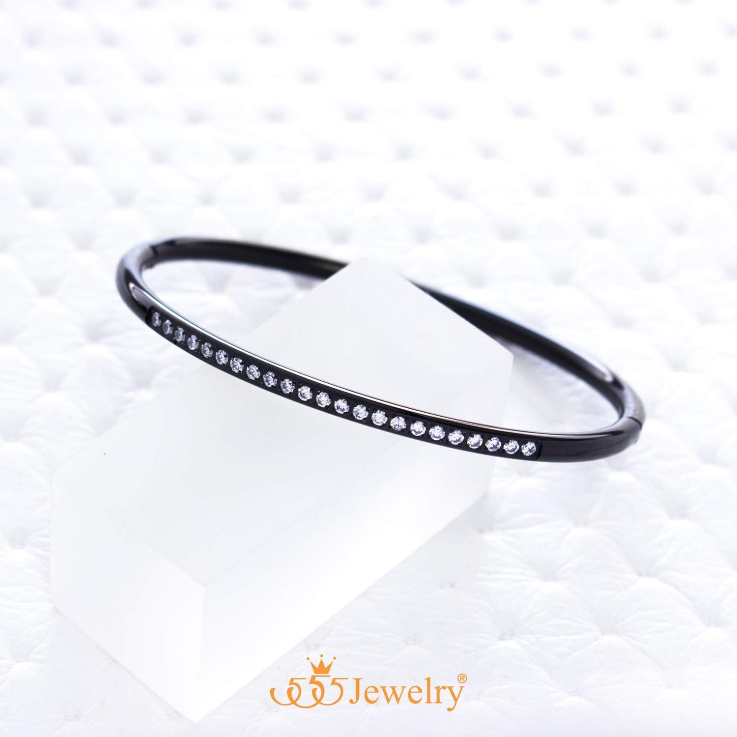 image:image555Jewelry Stainless Steel amp CZ Hinged Oval Cuff Bangle Bracelet for WomenBlack