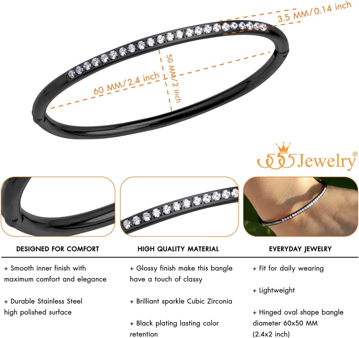 image:image555Jewelry Stainless Steel amp CZ Hinged Oval Cuff Bangle Bracelet for WomenBlack