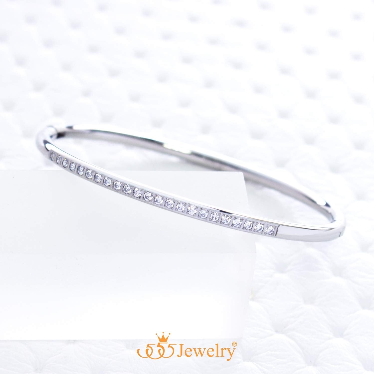 image:image555Jewelry Stainless Steel amp CZ Hinged Oval Cuff Bangle Bracelet for WomenSilver