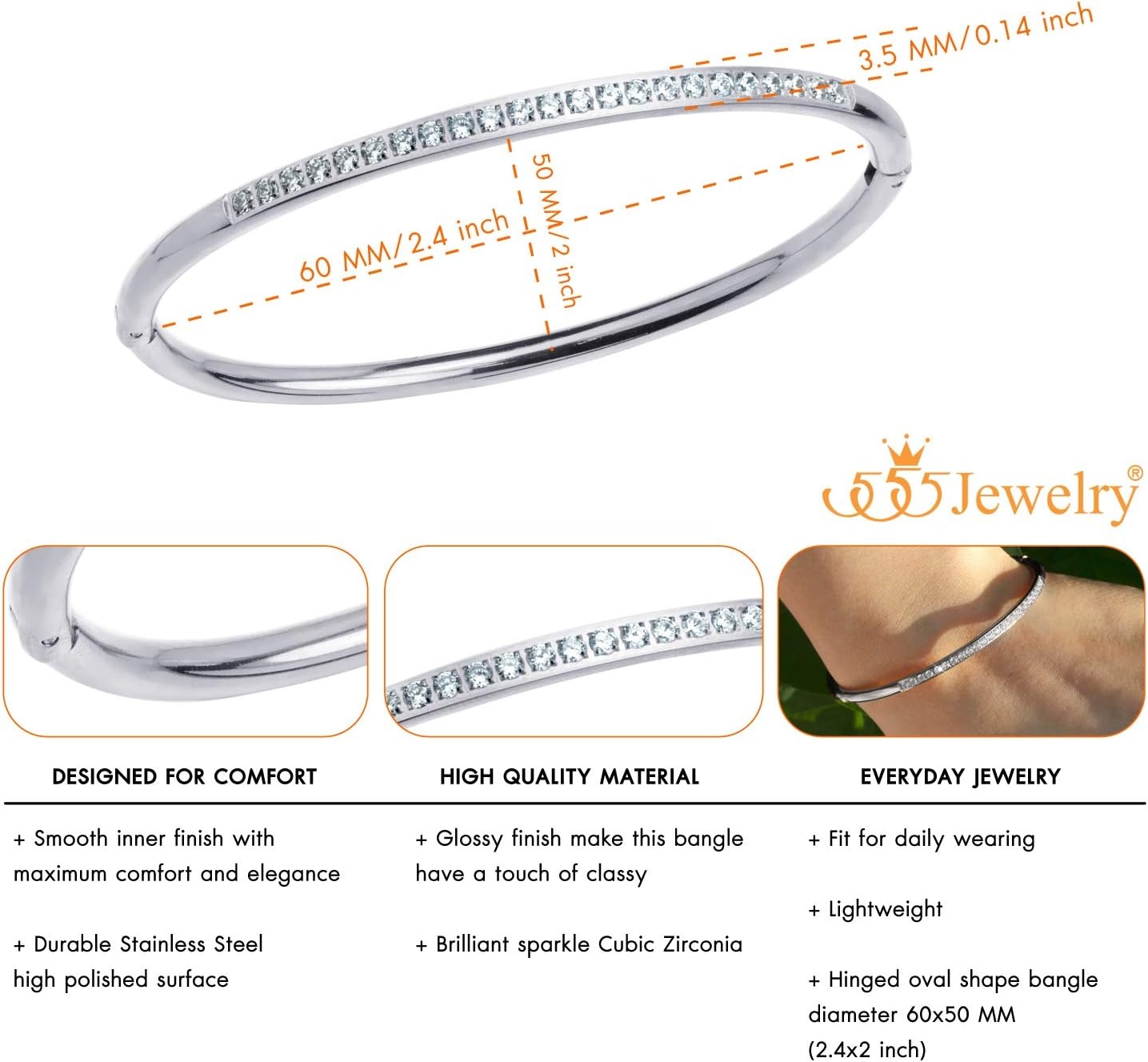 image:image555Jewelry Stainless Steel amp CZ Hinged Oval Cuff Bangle Bracelet for WomenSilver