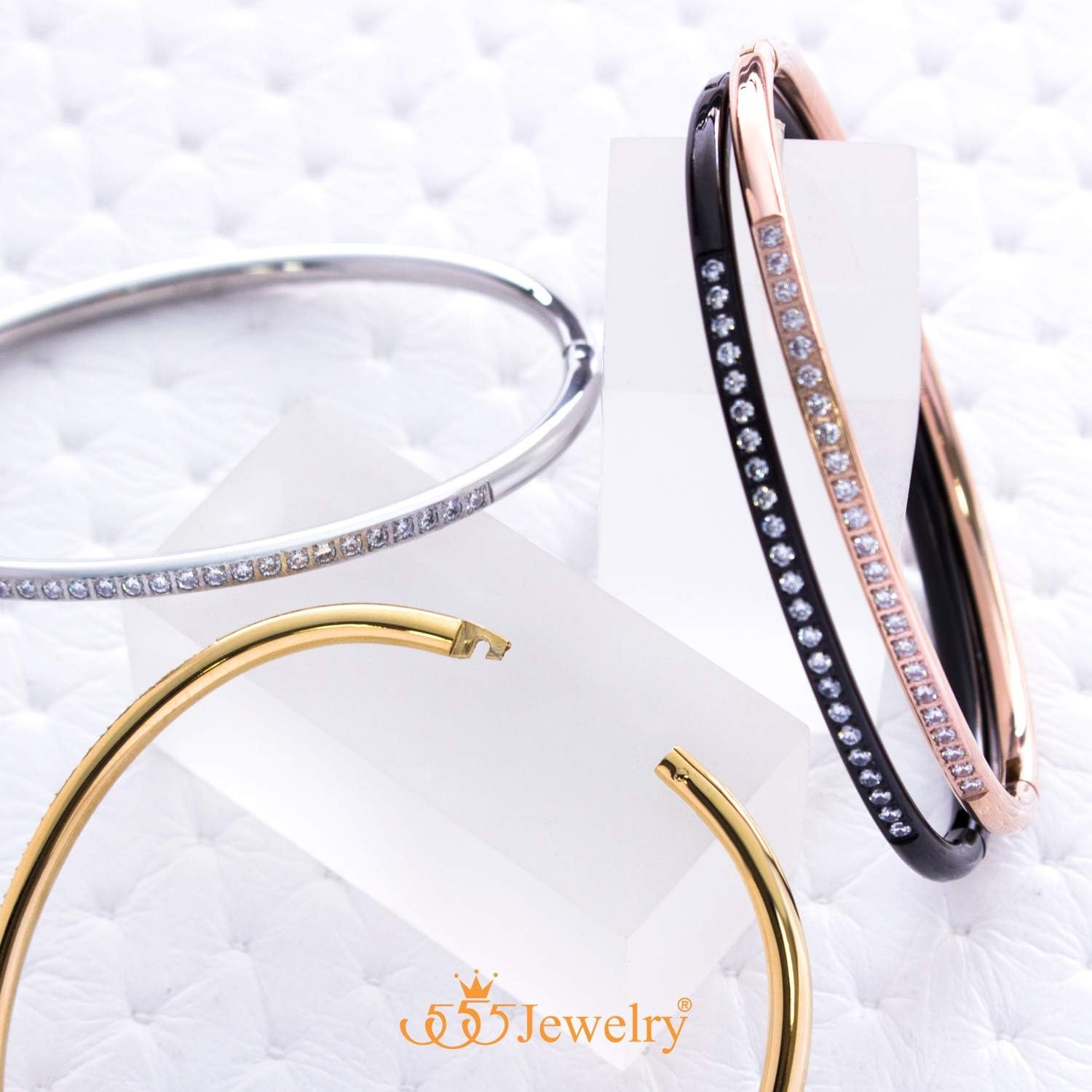 image:image555Jewelry Stainless Steel amp CZ Hinged Oval Cuff Bangle Bracelet for WomenSilver