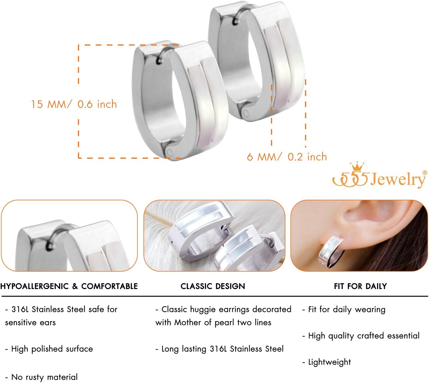 image:image555Jewelry Stainless Steel amp Shell Oval Hoop Huggie Earrings for Women amp GirlsSilver