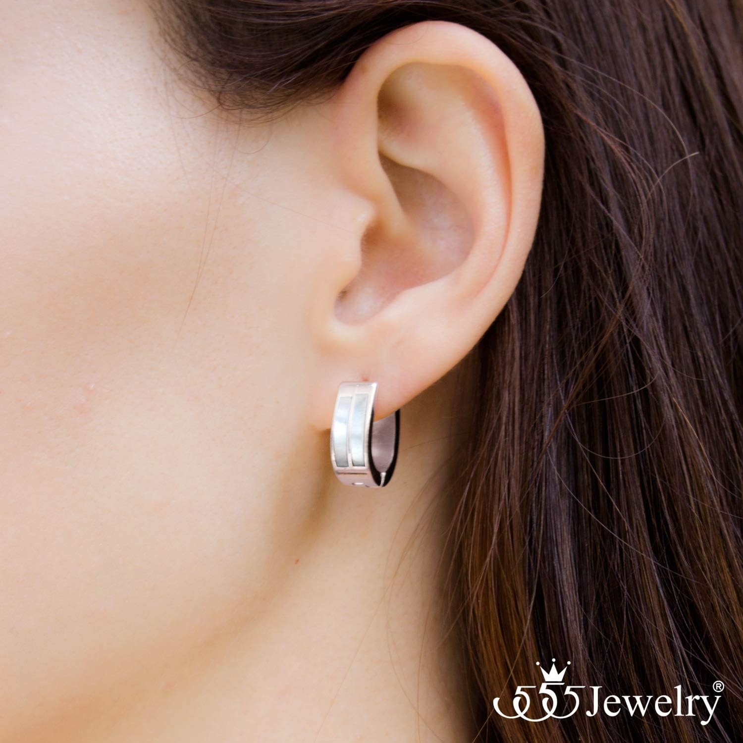 image:image555Jewelry Stainless Steel amp Shell Oval Hoop Huggie Earrings for Women amp GirlsSilver