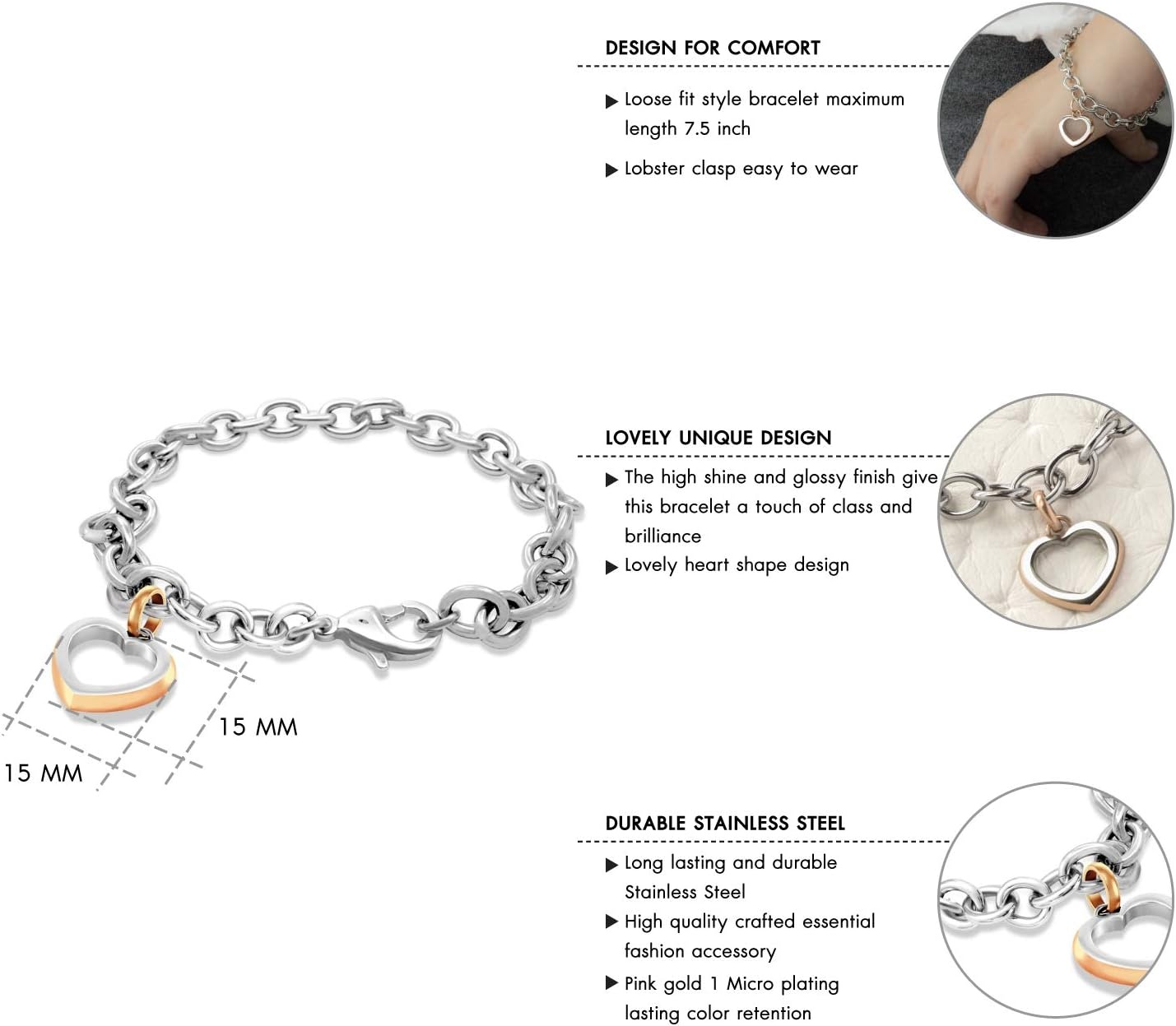 image:image555Jewelry Womens Stainless Steel Cute Love Heart Shape Charm Chain BraceletSilver Pink Rose Gold