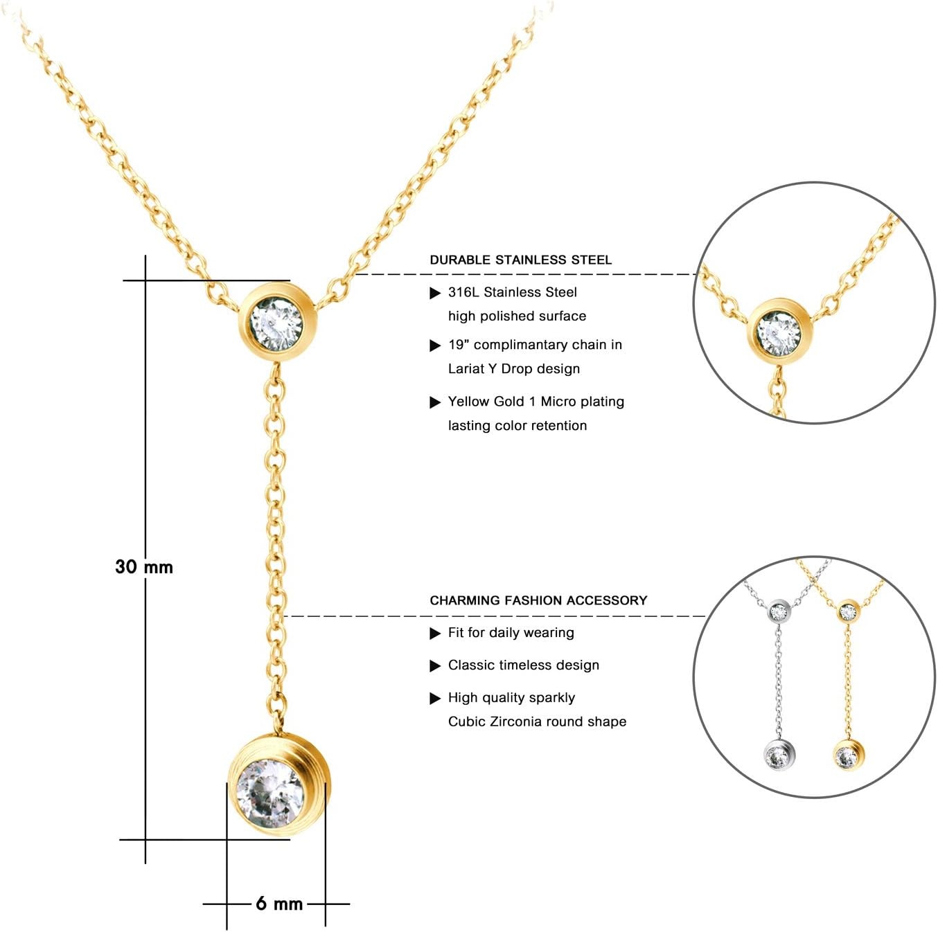 image:image555Jewelry Womens Stainless Steel Lariat Y Drop Layer Round CZ Pendant NecklaceYellow Gold