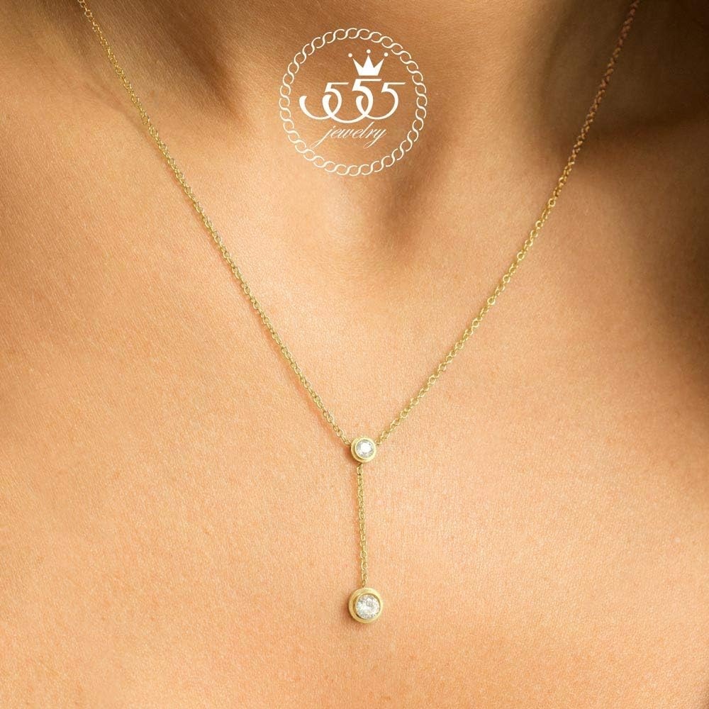 image:image555Jewelry Womens Stainless Steel Lariat Y Drop Layer Round CZ Pendant NecklaceYellow Gold