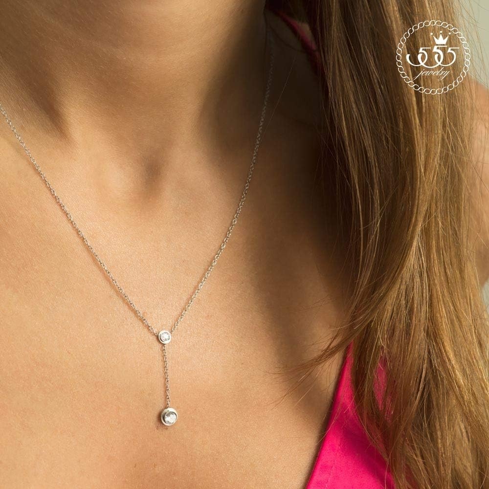 image:image555Jewelry Womens Stainless Steel Lariat Y Drop Layer Round CZ Pendant NecklaceYellow Gold