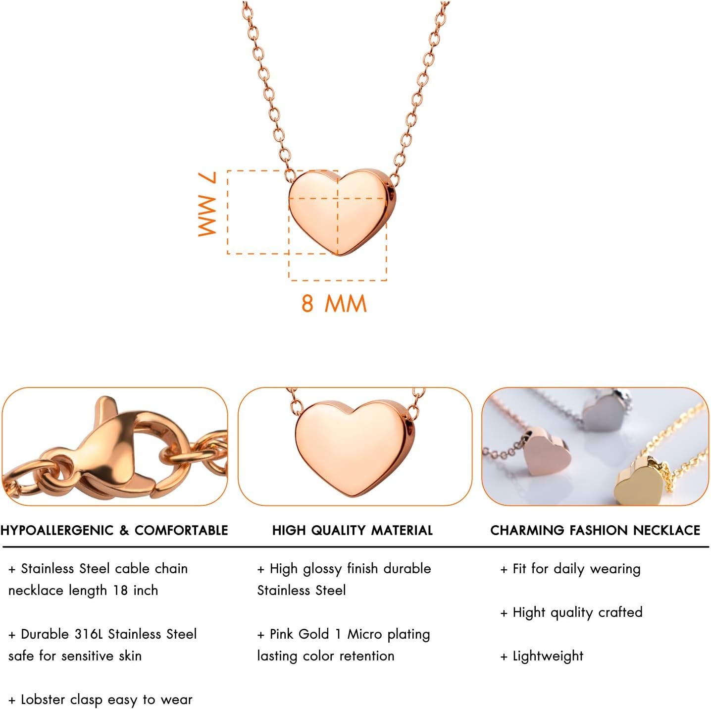 image:image555Jewelry Womens Stainless Steel Love Cute Heart Shape Dainty Pendant NecklacePink Rose Gold v2