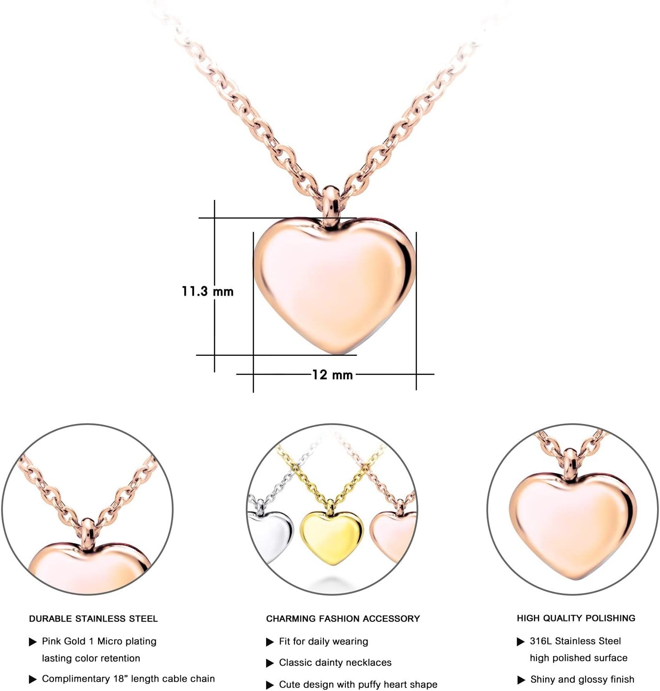 image:image555Jewelry Womens Stainless Steel Love Cute Heart Shape Dainty Pendant NecklacePink Rose Gold