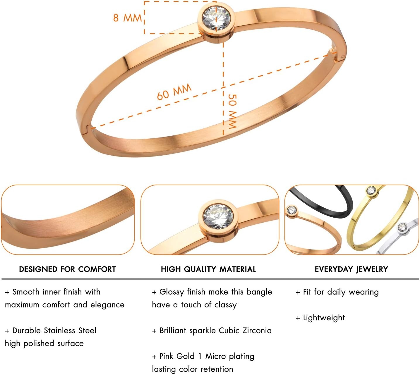 image:image555Jewelry Womens Stainless Steel Shiny Bling Cubic Zirconia Bangle BraceletPink Rose Gold