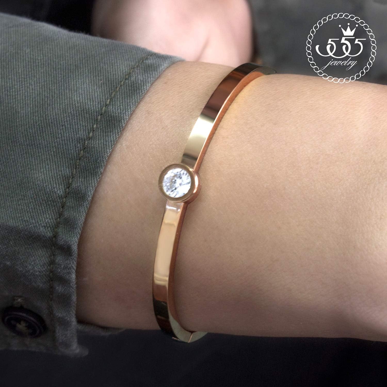 image:image555Jewelry Womens Stainless Steel Shiny Bling Cubic Zirconia Bangle BraceletPink Rose Gold