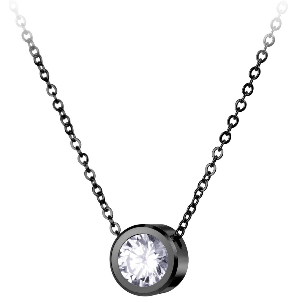 image:image555Jewelry Stainless Steel Round CZ Solitaire Sparkly Bezel Pendant NecklaceBlack