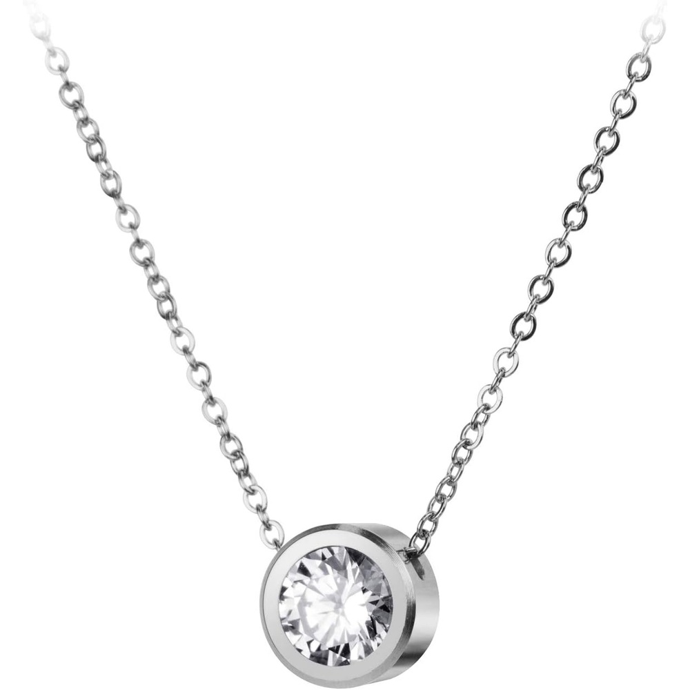 image:image555Jewelry Stainless Steel Round CZ Solitaire Sparkly Bezel Pendant NecklaceSilver