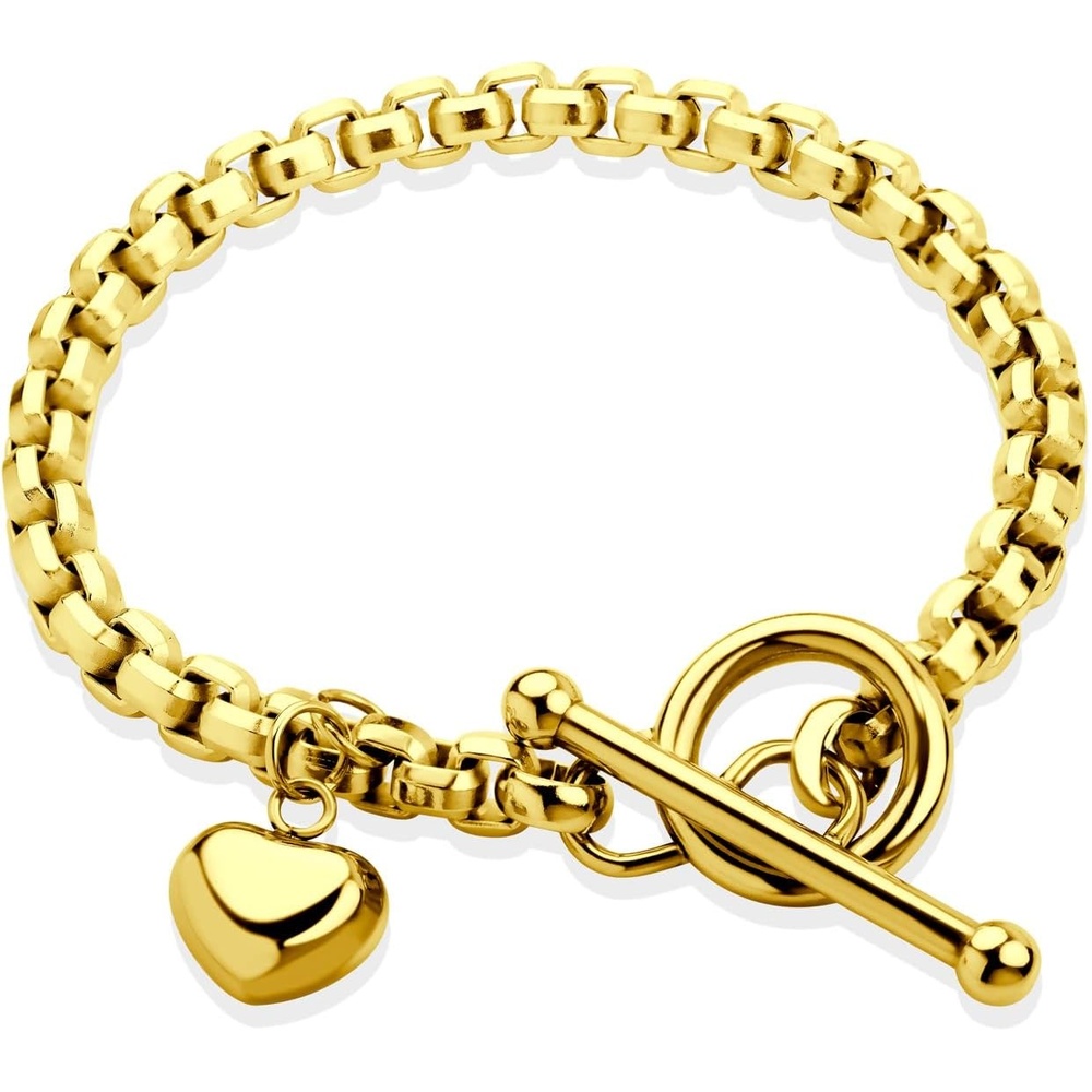 image:image555Jewelry Stainless Steel Toggle Box Link Chain Heart Charm Bracelet for Women amp GirlsGold