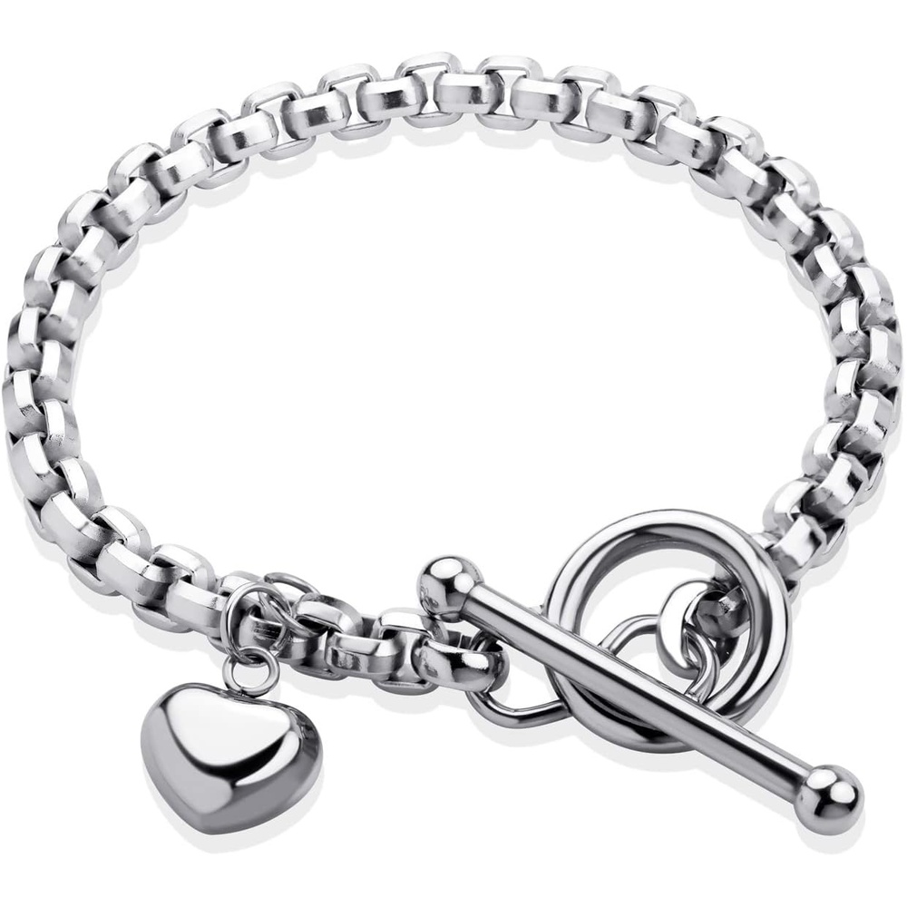 image:image555Jewelry Stainless Steel Toggle Box Link Chain Heart Charm Bracelet for Women amp GirlsSilver