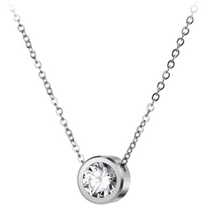 image:image555Jewelry Stainless Steel Round CZ Solitaire Sparkly Bezel Pendant NecklaceSilver