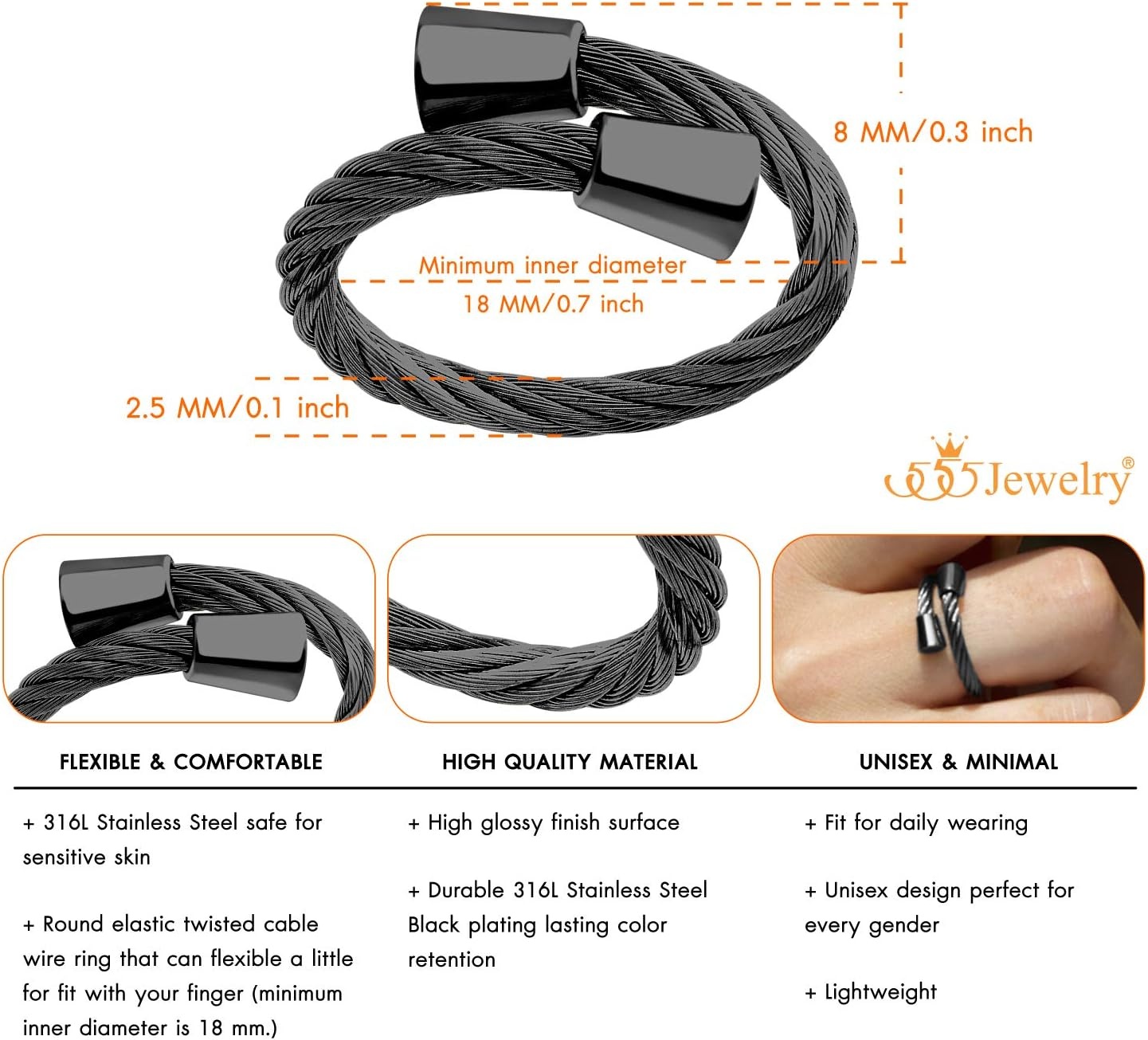 image:image555Jewelry Stainless Steel Twisted Cable Adjustable Open Ring for Women amp LadiesBlack