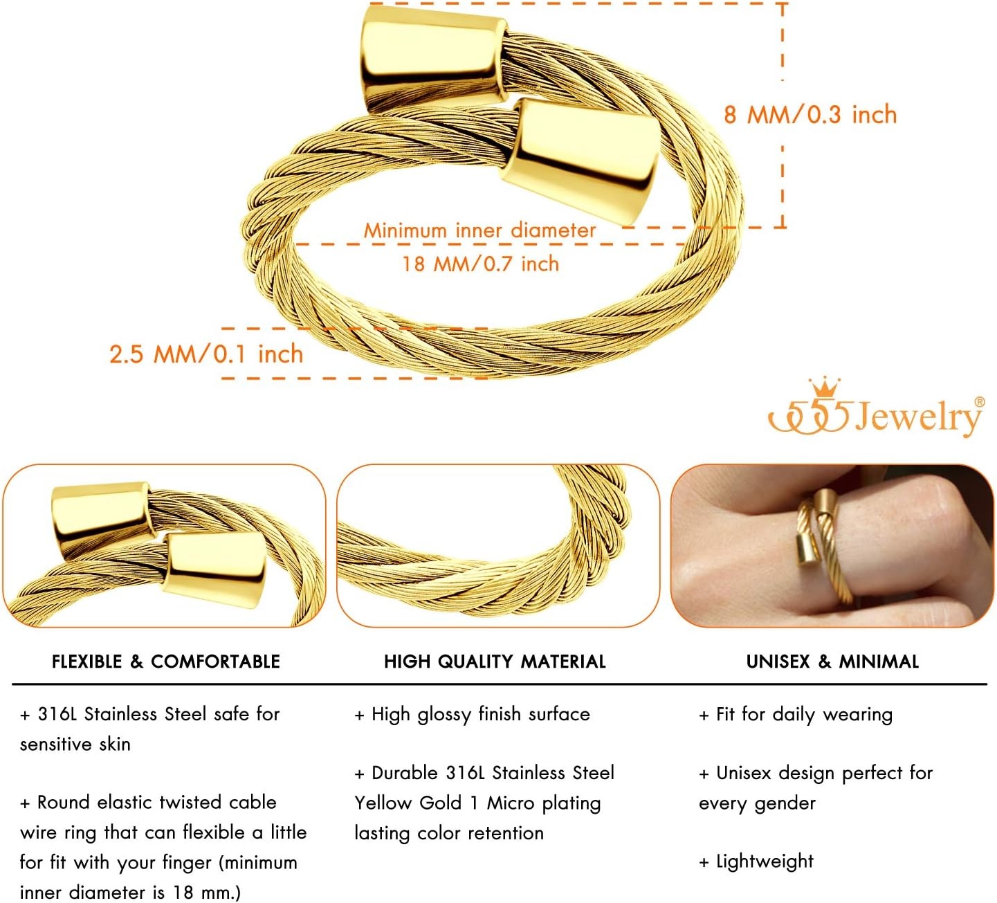 image:image555Jewelry Stainless Steel Twisted Cable Adjustable Open Ring for Women amp LadiesGold