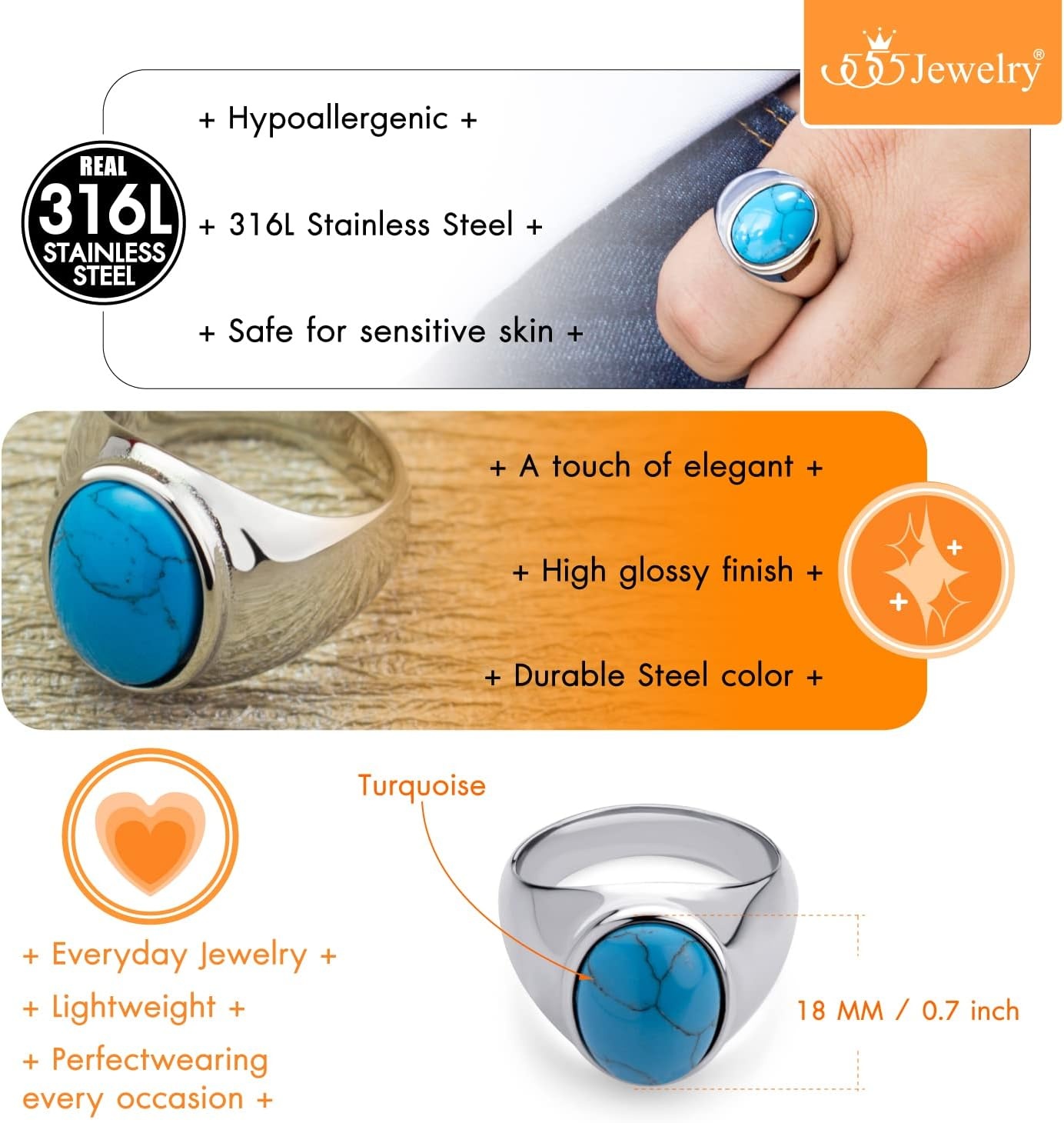 image:image555Jewelry Stainless Steel Modern Domed Oval Signet TurquoiseOnyx Stone Ring for MenTurquoise