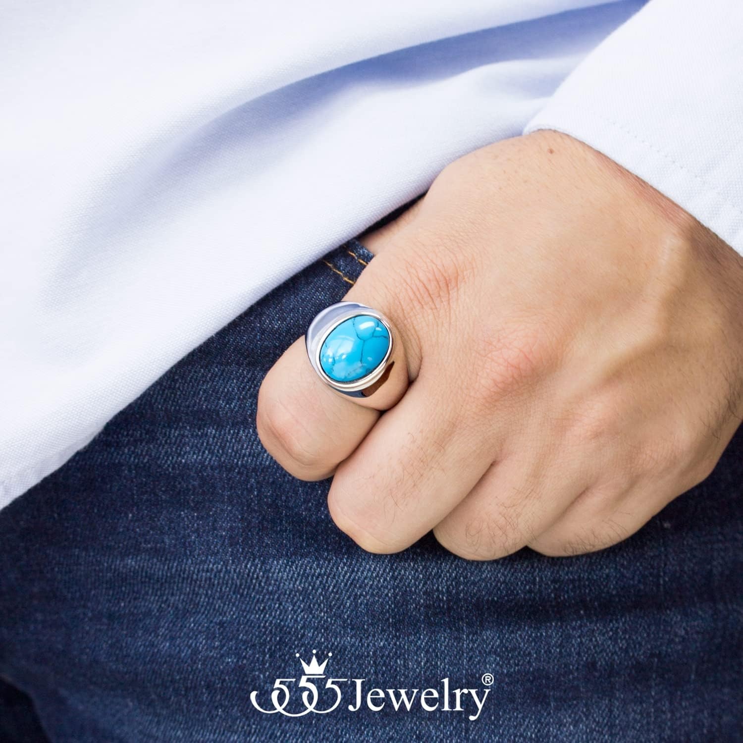 image:image555Jewelry Stainless Steel Modern Domed Oval Signet TurquoiseOnyx Stone Ring for MenTurquoise